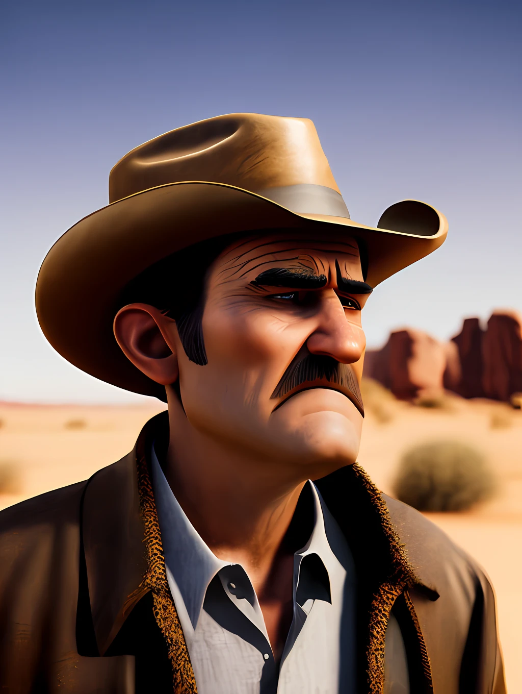 A man in a cowboy hat holding a gun, pixar artstyle, sad eyebrows, cinematic rim light, very long neck, old bounty hanter, very high quality face, desert game, American desert background, exploitable image, face neck shoulders, tall farmer, stylized dynamic folds, angry men, pixar artstyle