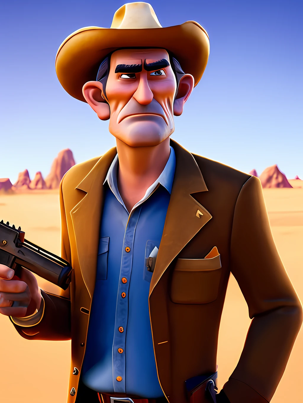 A man in a cowboy hat holding a gun, pixar artstyle, sad eyebrows, cinematic rim light, very long neck, old bounty hanter, very high quality face, desert game, American desert background, exploitable image, face neck shoulders, tall farmer, stylized dynamic folds, angry men, pixar artstyle