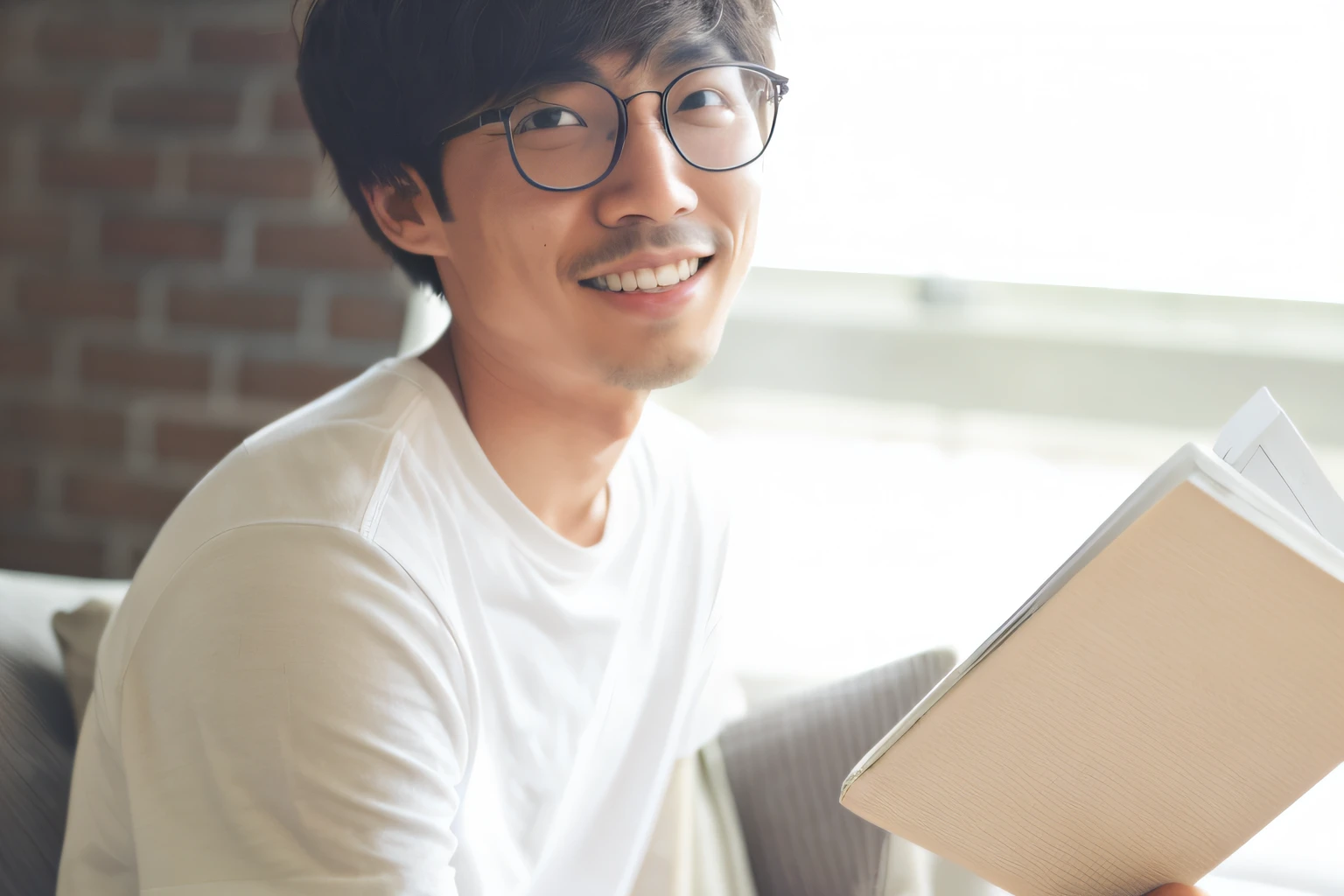 There is a 20 year old boy sitting on the sofa holding a book, Korean male, Jung Joong Won, Yoon Se-won, Kim Tae Joon, Jung Joong Won, Kim Sun-hyuk, Nam Jae-yeon, Kim Hyung-tae, Kim Hyung-tae, Man with glasses, Shin Jung-ho, wearing thin big round glasses, student, showing teeth and smiling, shot with Canon EOA 6 D Mark II, HD photo portrait
