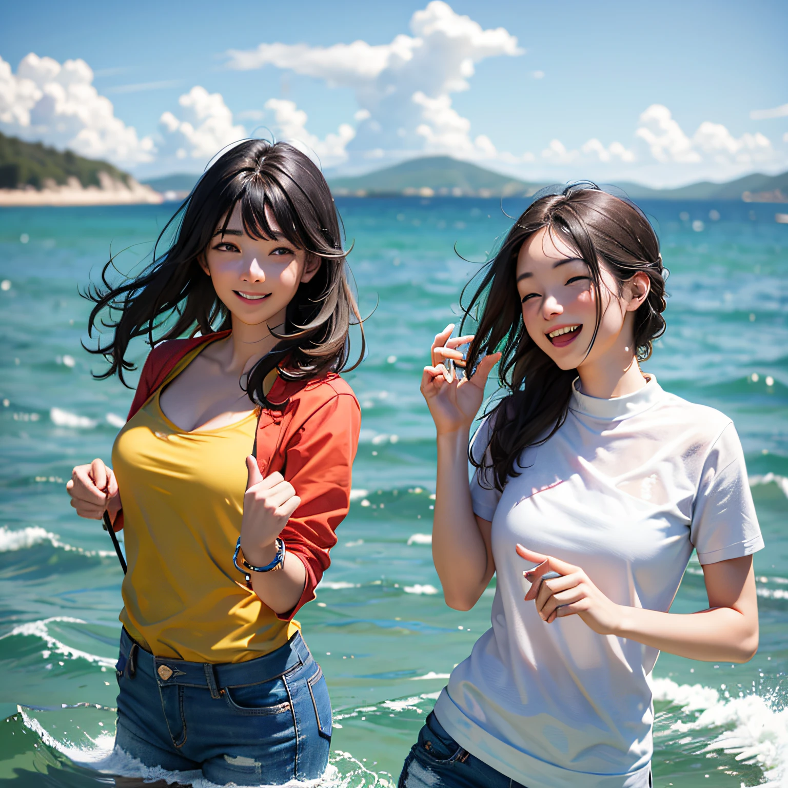 Two female college students, standing by the sea playing in the water, smiling happily --auto --s2