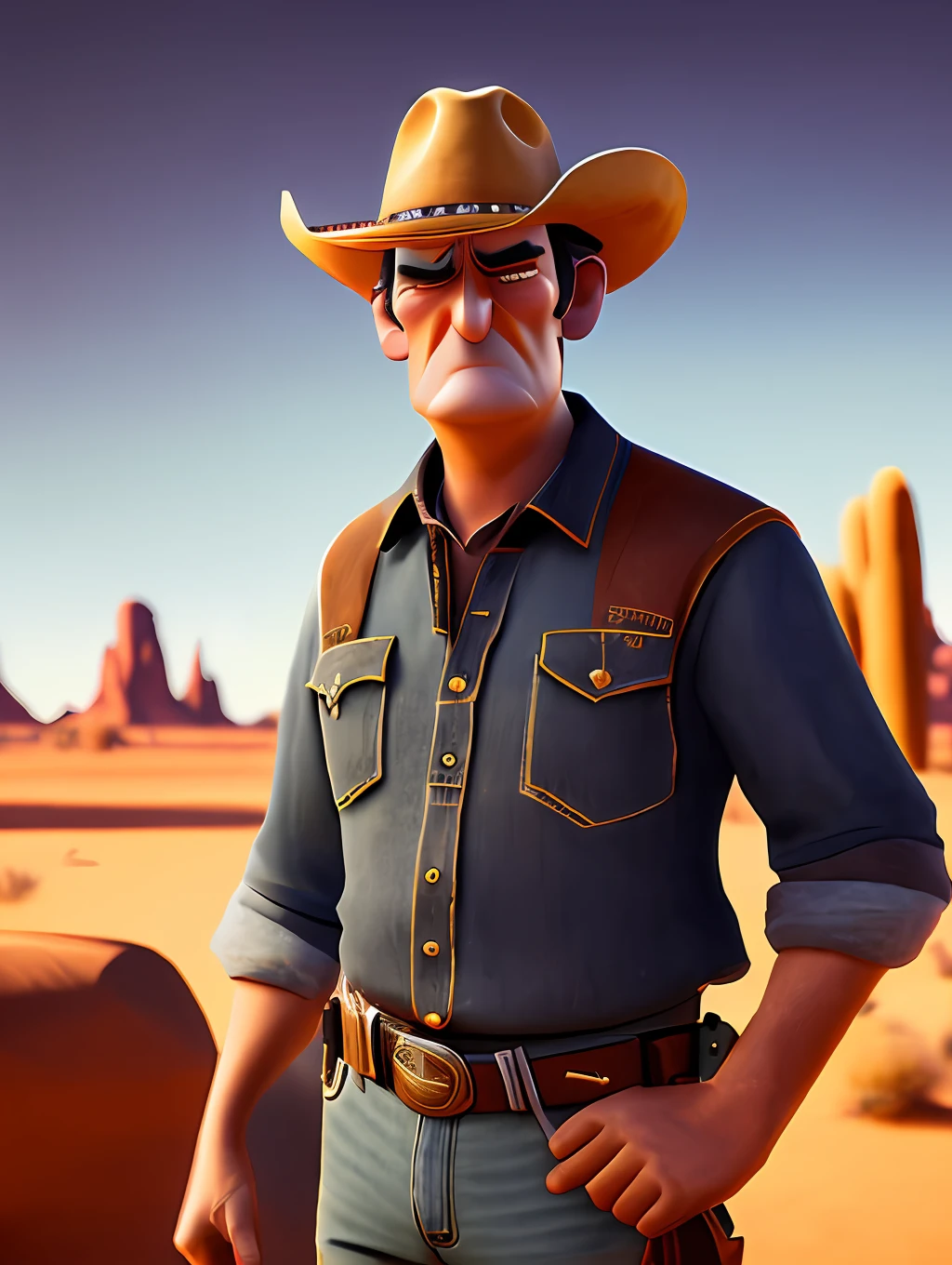 A man in a cowboy hat holding a gun, pixar artstyle, sad eyebrows, cinematic rim light, very long neck, old bounty hanter, very high quality face, desert game, American desert background, exploitable image, face neck shoulders, tall farmer, stylized dynamic folds, angry men, pixar artstyle