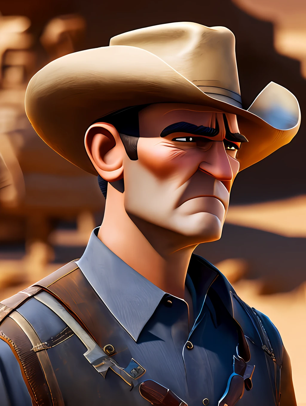 A man in a cowboy hat holding a gun, pixar artstyle, sad eyebrows, cinematic rim light, very long neck, old bounty hanter, very high quality face, desert game, American desert background, exploitable image, face neck shoulders, tall farmer, stylized dynamic folds, angry men, pixar artstyle