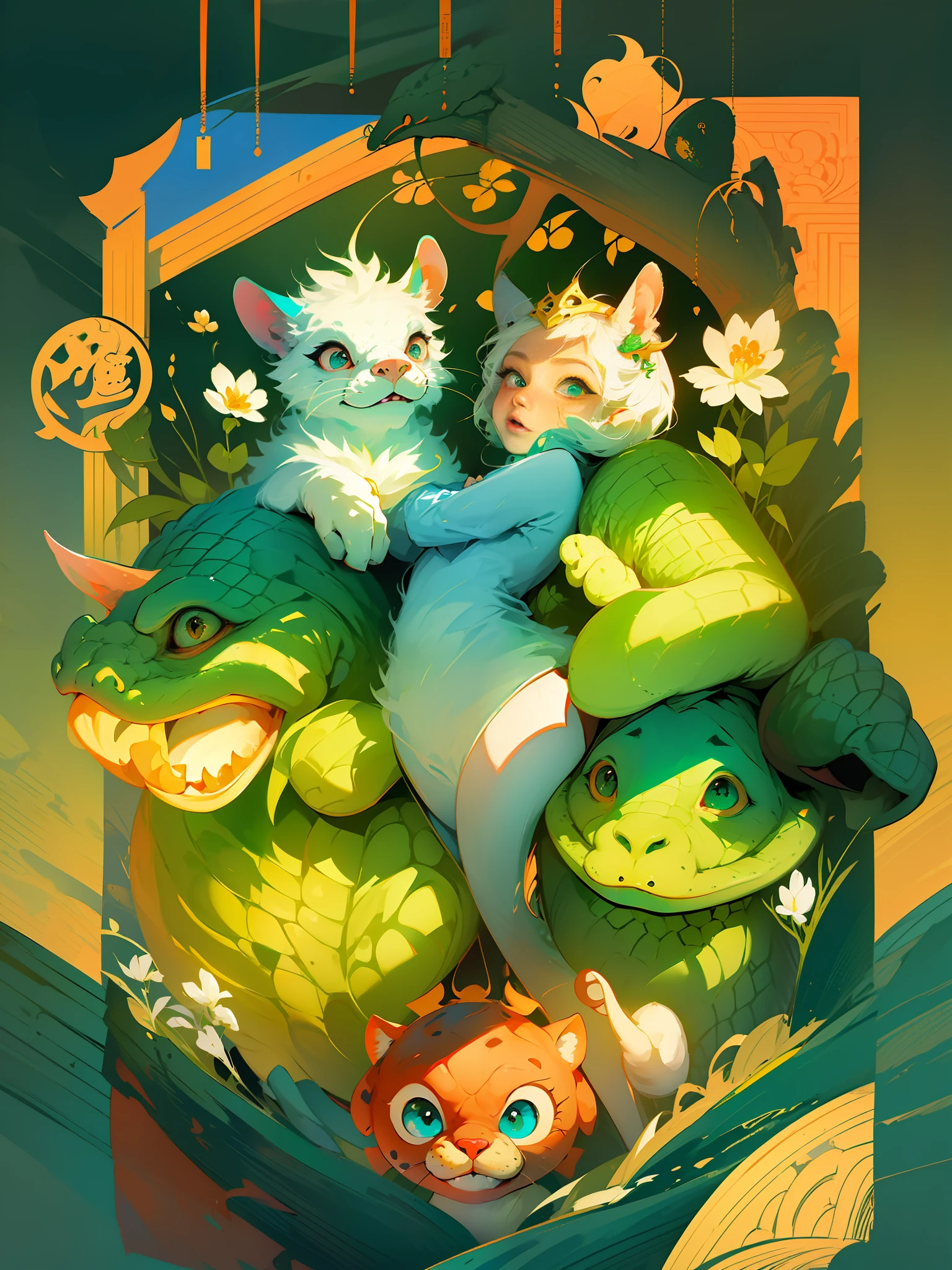 There are many different cute cartoon animals, elephants, crocodiles, rabbits and other animal patterns in this photo, cute, hand drawn illustrations, colorful, Wang Chen, crocodile Loki, art cover, ƒ5.6,🦩🪐🐞👩🏻🦳; 🌞🌄 , code, 🪔 🎨 metaverse