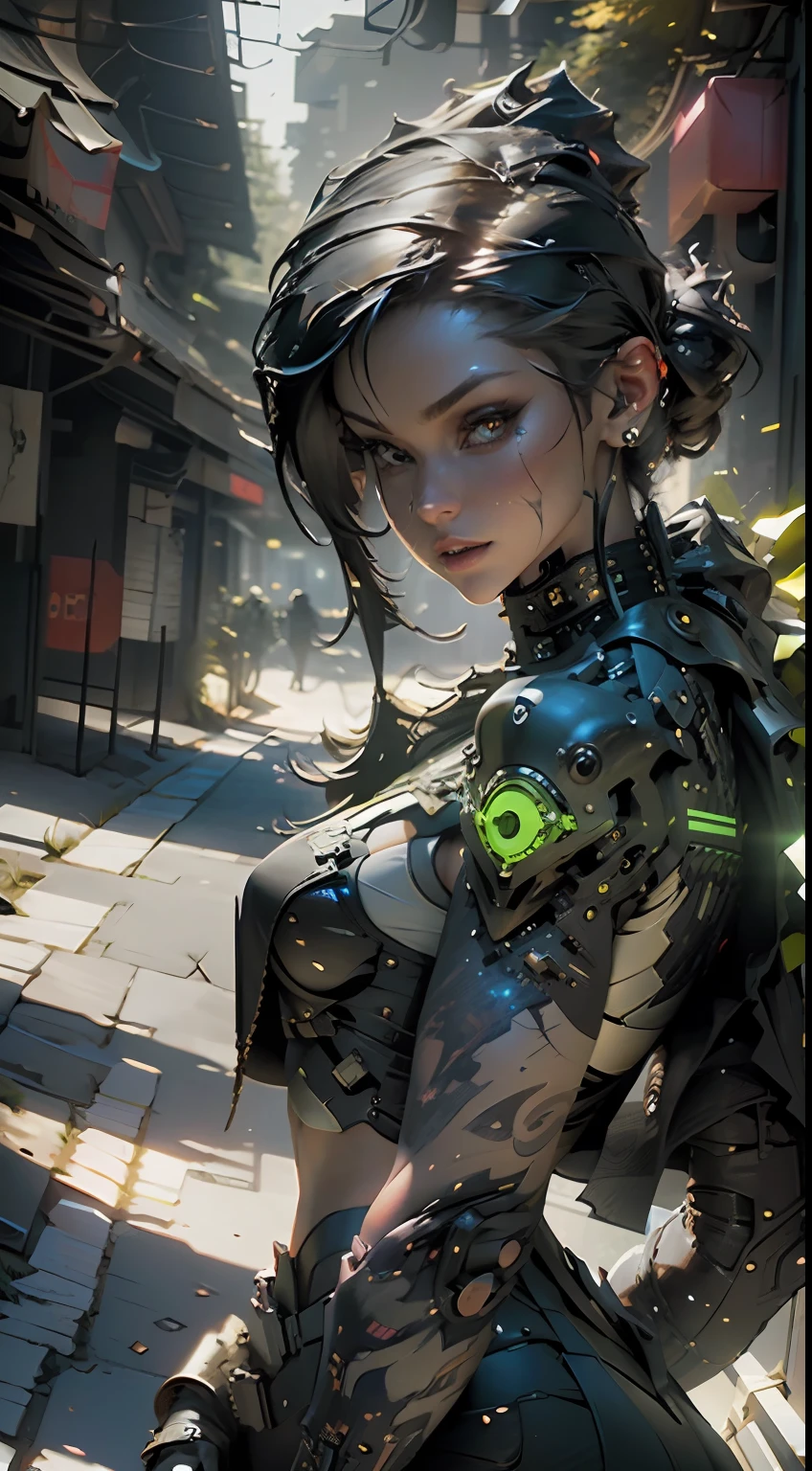 ((Best quality)), ((masterpiece)), (detailed:1.4), 3D, an image of a beautiful cyberpunk female,HDR (High Dynamic Range),Ray Tracing,NVIDIA RTX,Super-Resolution,Unreal 5,Subsurface scattering,PBR Texturing,Post-processing,Anisotropic Filtering,Depth-of-field,Maximum clarity and sharpness,Multi-layered textures,Albedo and Specular maps,Surface shading,Accurate simulation of light-material interaction,Perfect proportions,Octane Render,Two-tone lighting,Wide aperture,Low ISO,White balance,Rule of thirds,8K RAW,
