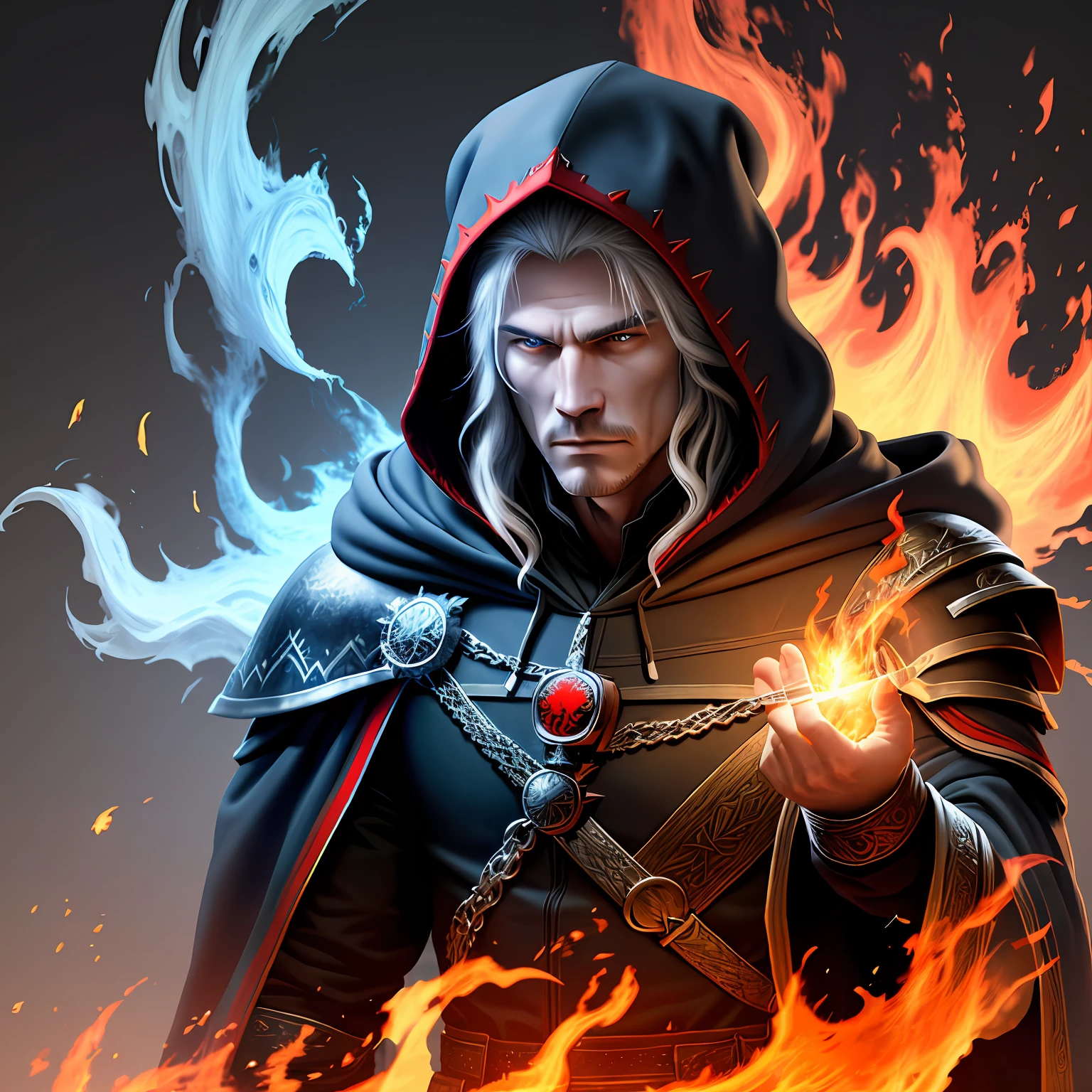 A god of fire and ice, medieval hooded clothing, powerful, hyperealist