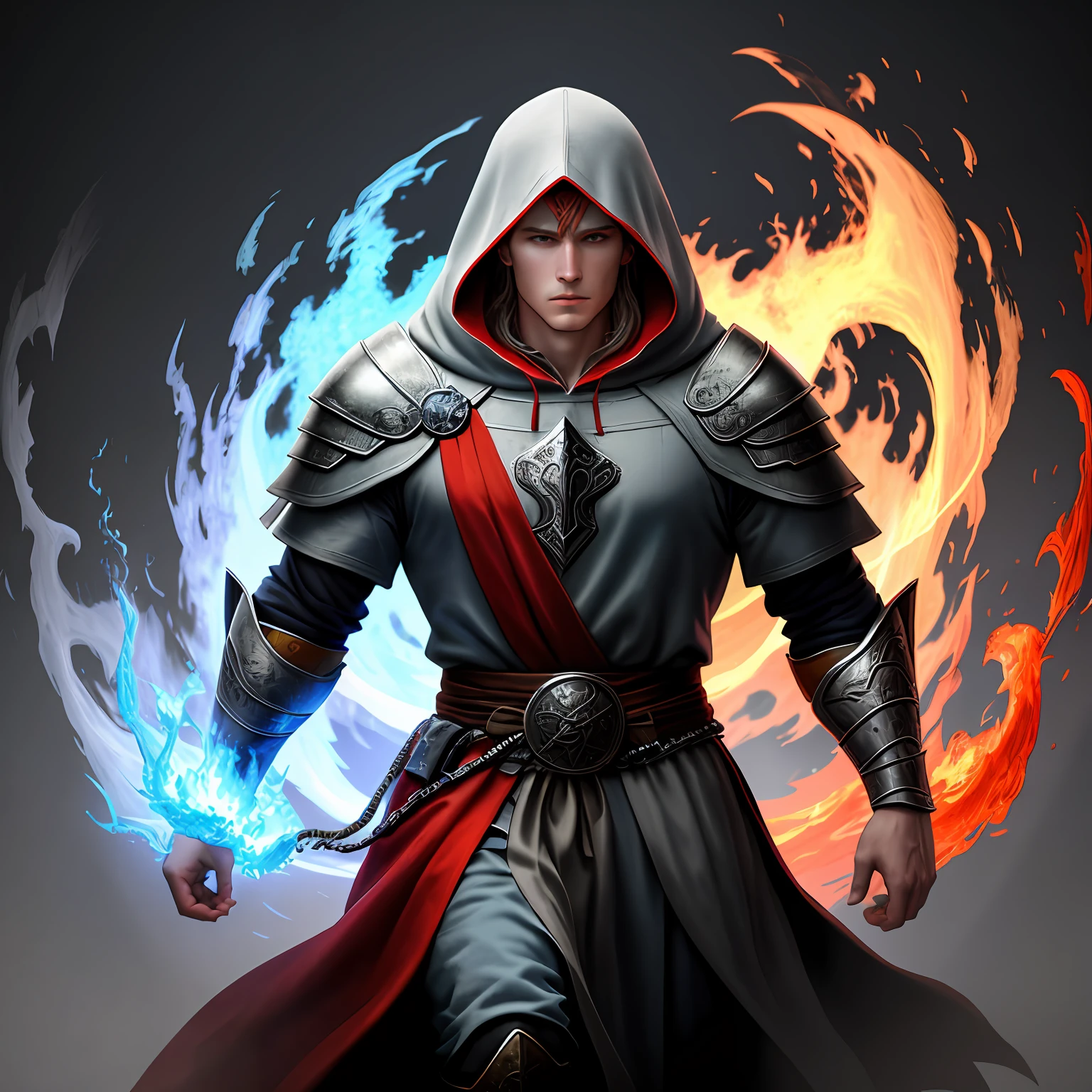 A god of fire and ice, medieval hooded clothing, powerful, hyperealist