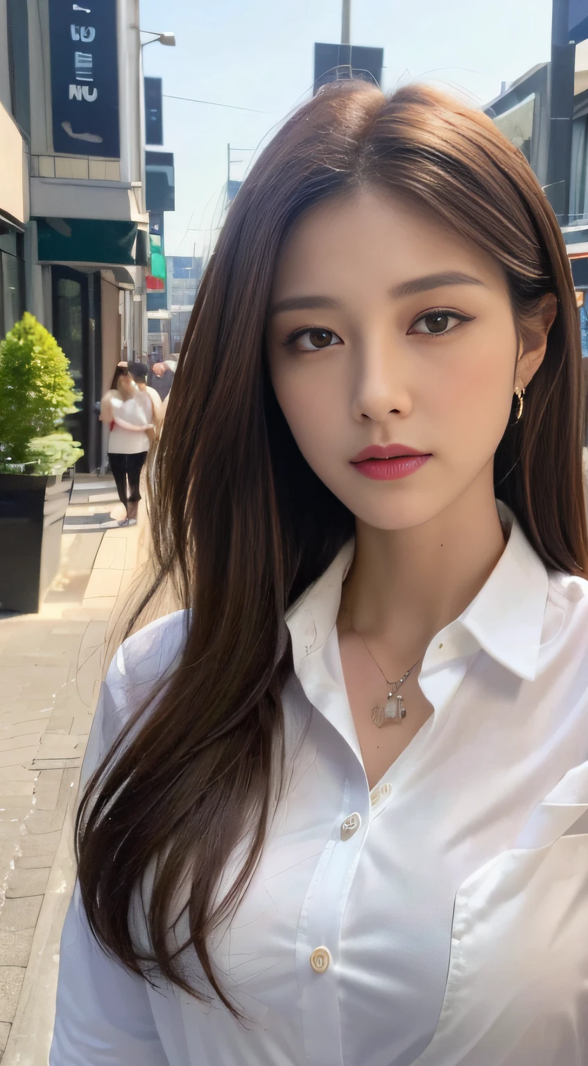 ((Best quality, 8k, Masterpiece :1.3)), Sharp focus :1.2, A pretty woman with perfect figure :1.4, Slender abs :1.2, ((Dark brown hair, Big breasts :1.2)), (White button up long shirt :1.1), City street:1.2, Highly detailed face and skin texture, Detailed eyes, Double eyelid
