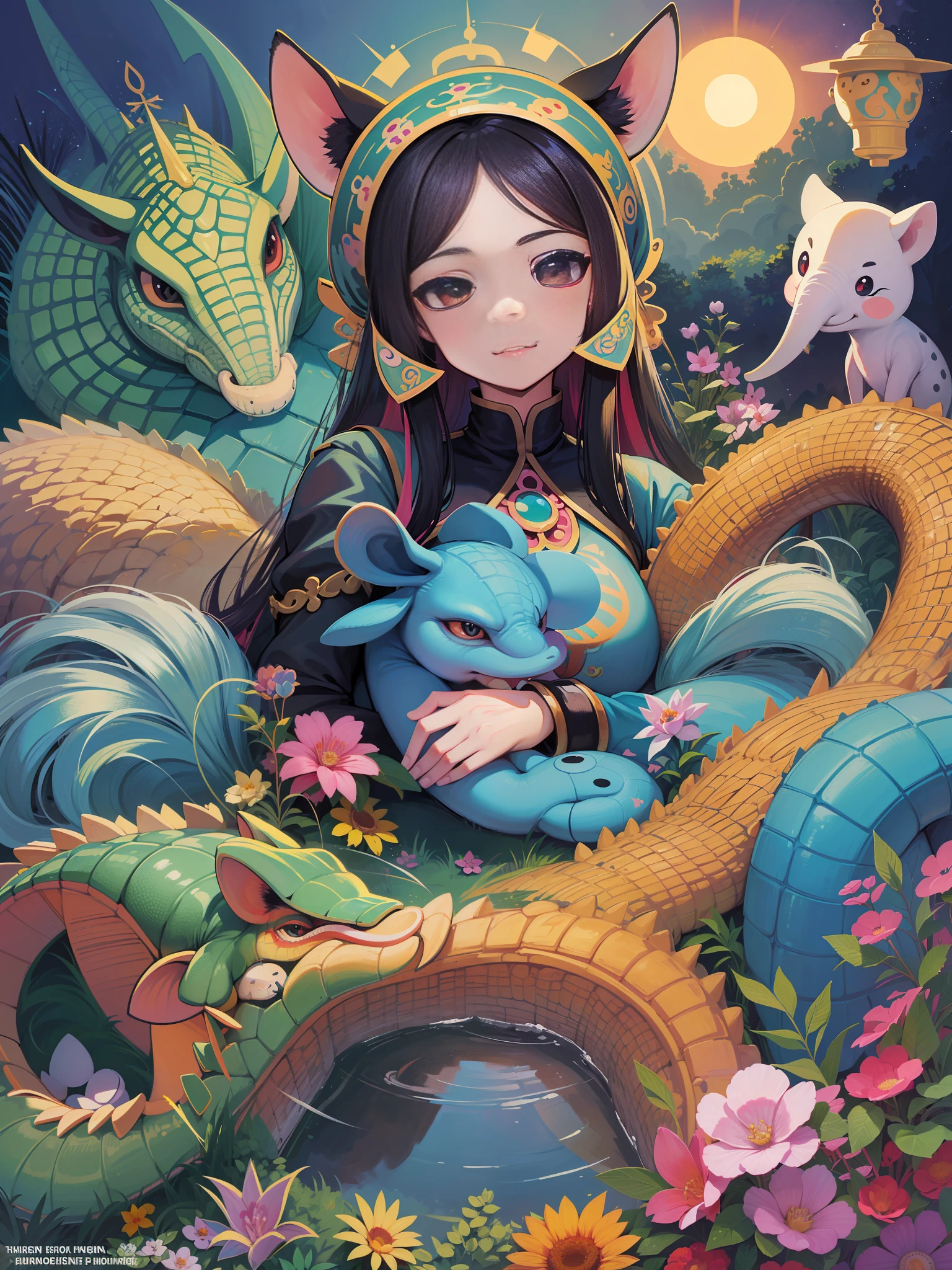 There are many different cute cartoon animals, elephants, crocodiles, rabbits and other animal patterns in this photo, cute, hand drawn illustrations, colorful, Wang Chen, crocodile Loki, art cover, ƒ5.6,🦩🪐🐞👩🏻🦳; 🌞🌄 , code, 🪔 🎨 metaverse