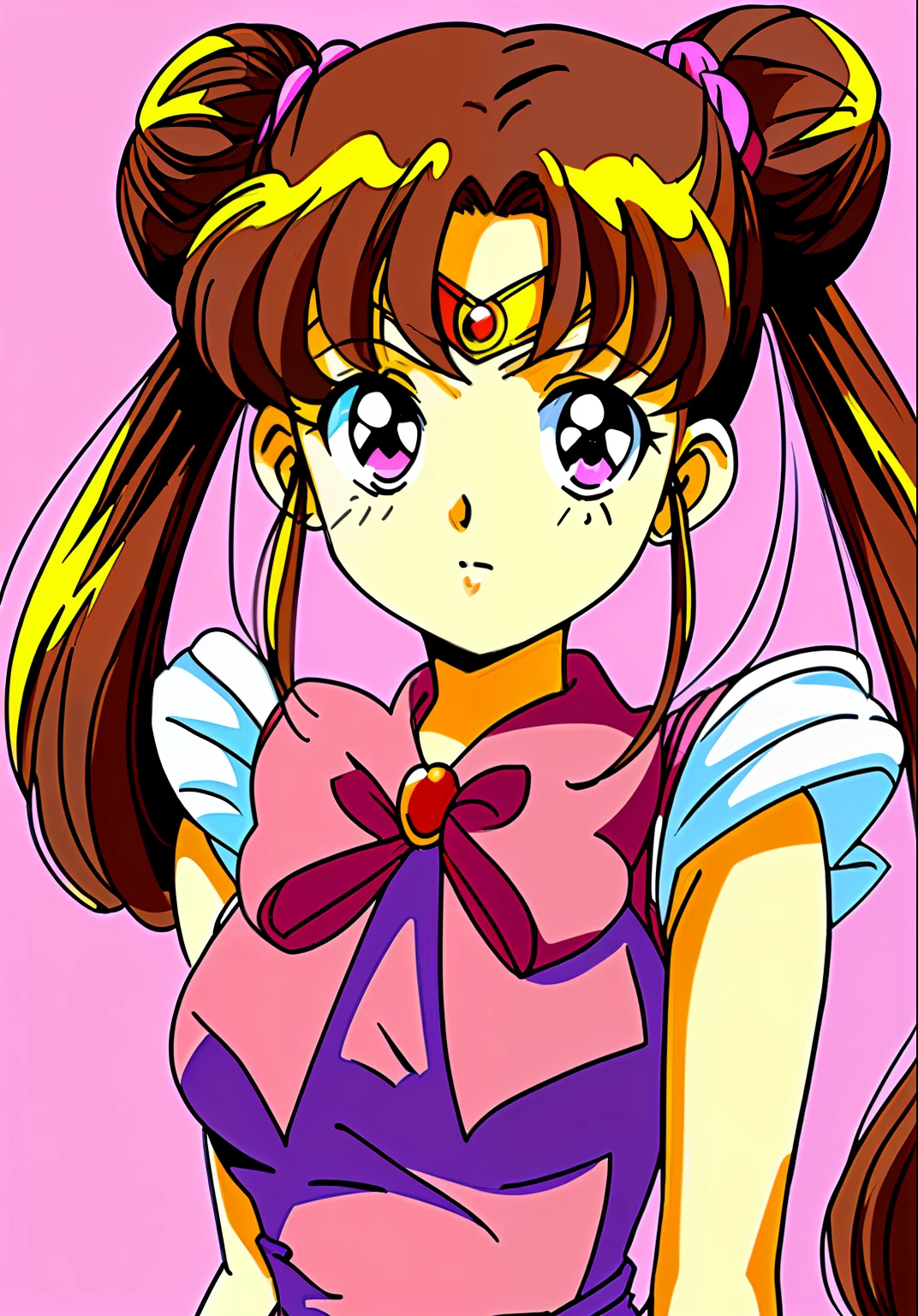masterpiece, best quality, 1990s \(style\), 1980s \(style\), 1 girl, sailor moon, brunette hair, bun, double bun, double tail, long hair with brown eyes, pink sailor collar, red bow, upper body, tan, film grain,