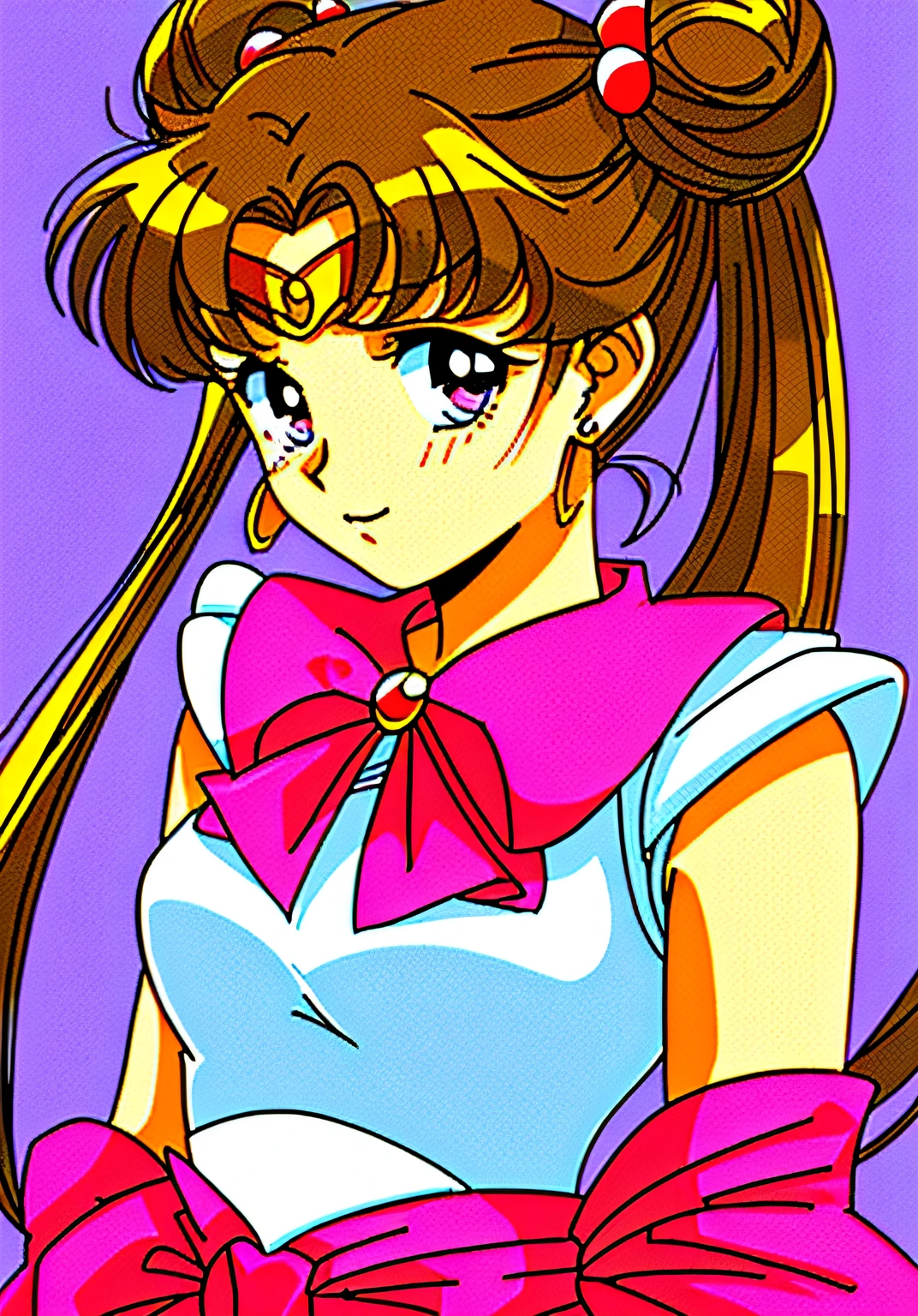 masterpiece, best quality, 1990s \(style\), 1980s \(style\), 1 girl, sailor moon, brunette hair, bun, double bun, double tail, long hair with brown eyes, pink sailor collar, red bow, upper body, tan, film grain,