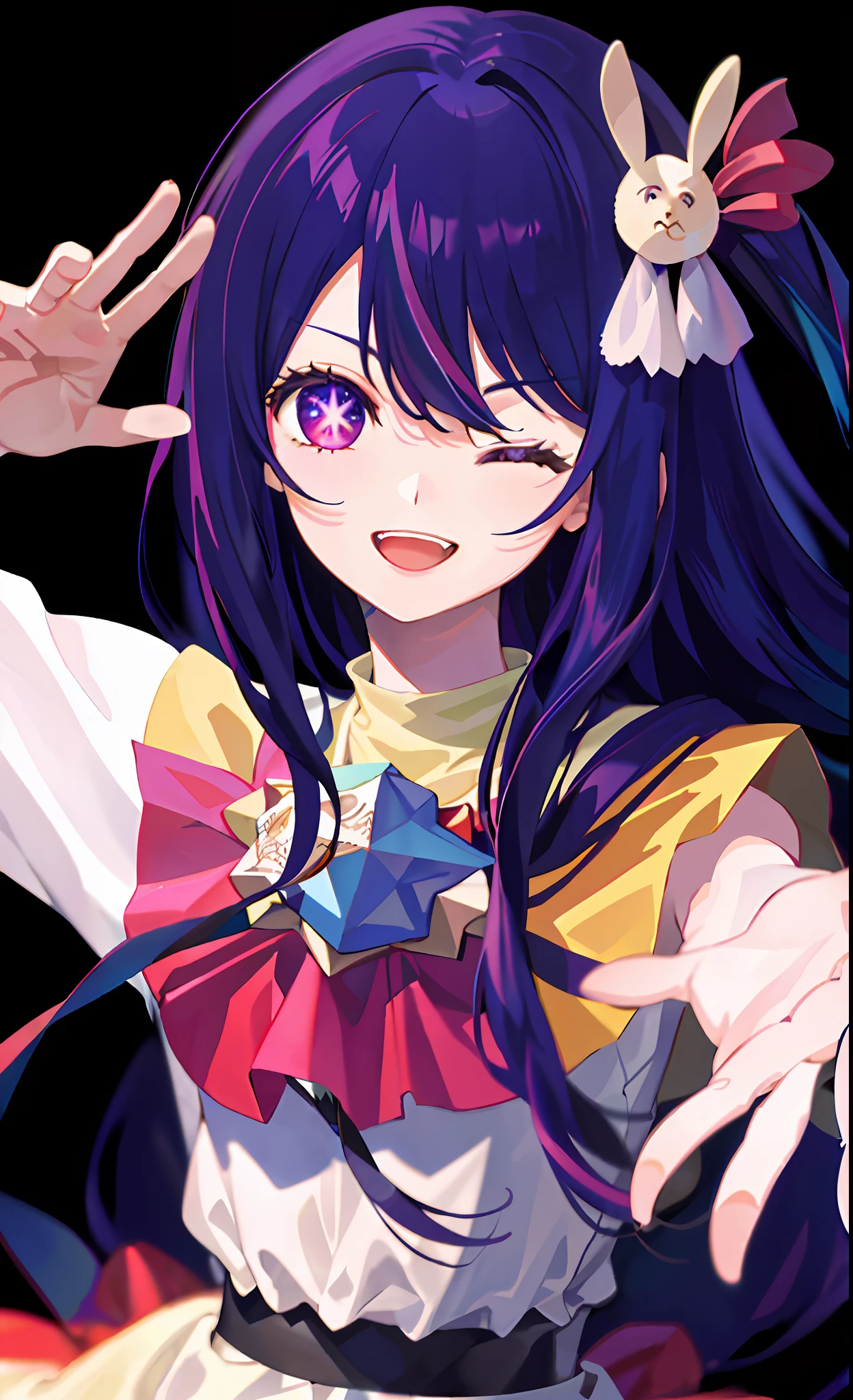 (best quality:1.4, masterpiece, 4k, details), Hoshino Ai, long hair, purple hair, streaked hair ,purple eyes, star-shaped pupils, hair ornament, on stage, smile, right hand pointing at camera, one eye closed, holding a mic with the left hand,close up shot, extremely detailed eyes, glowing eyes, highest quality digital art, Stunning art, wallpaper 4k