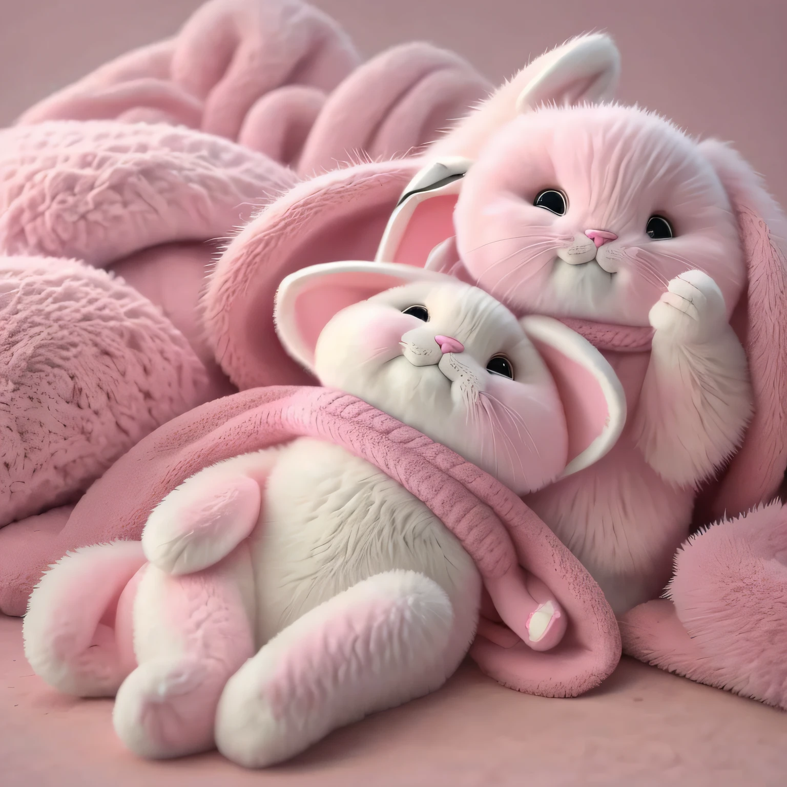 there is a cat that is laying on a pink stuffed animal, the bunny has pink fur, cute furry needs your help, covered with blanket, whole cat body, covered in pink flesh, cat bunny, wearing a pink rabbit costume, the rabbit has pink fur, lying on a fuzzy blanket, octopus cat, the cat is fluffy, cuddly fur, fluffy body, cooky --auto --s2