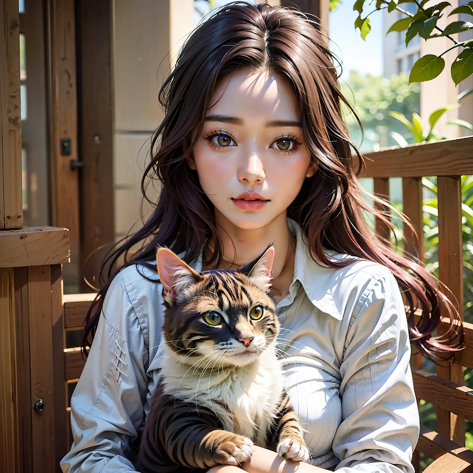 there is a woman sitting on a bench holding a cat, realistic art style, very beautiful cute catgirl, artwork in the style of guweiz, realistic painting style, ultra realistic picture, realistic cute girl painting, beautiful realistic photo, adorable digital painting, realistic artstyle, beautiful young catgirl, highly realistic photo, realistic anime 3 d style, photo realistic style