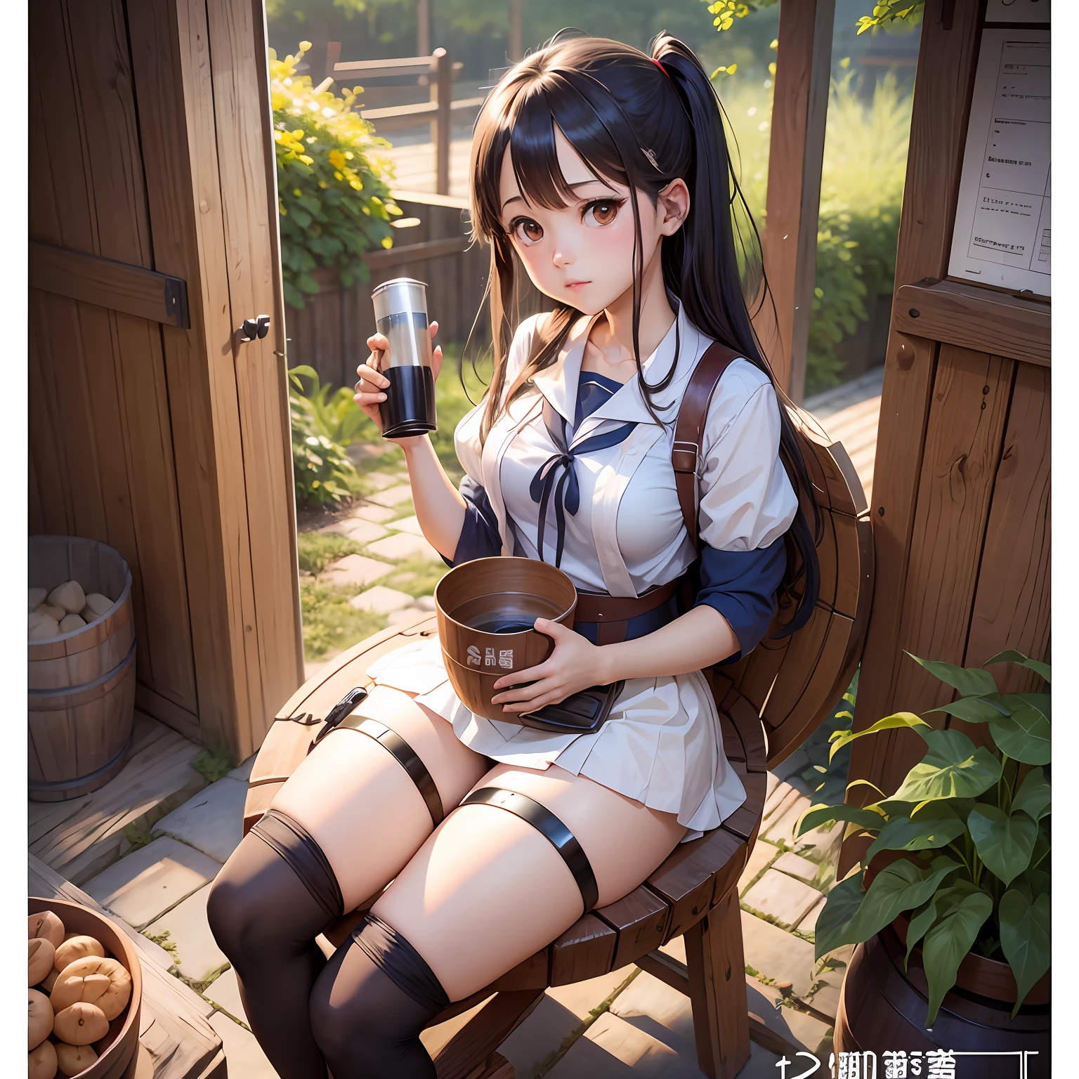 a woman sitting on a barrel with a pot in her hand, full color manga cover, nagatoro, konpeki no kantai, kancolle, iwakura lain, japanese light novel cover, light novel cover art, by Jin Homura, shojo manga, by Junsaku Koizumi, ikki tousen, seifuku, doujin --auto --s2