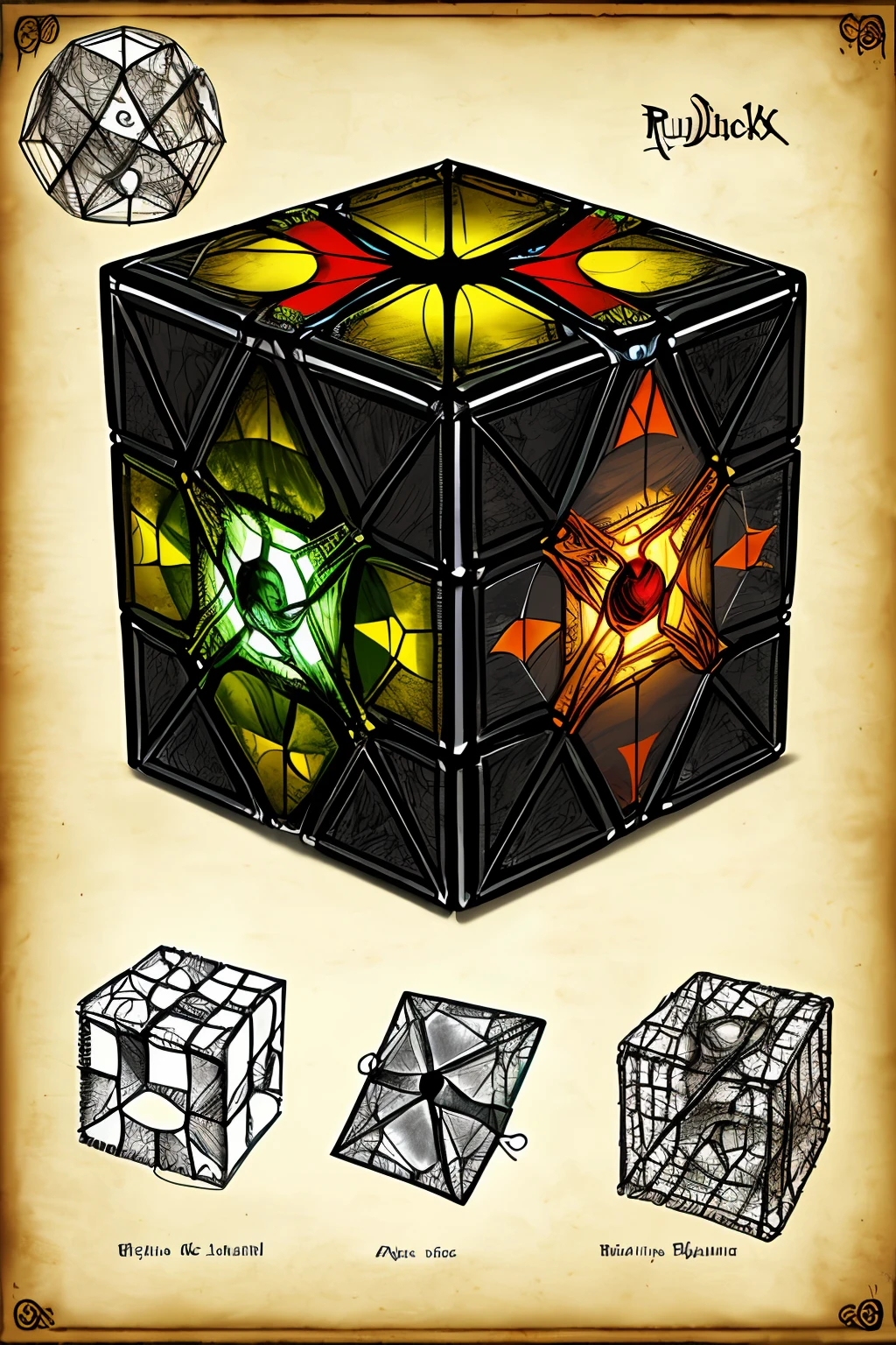 Spookiness, magic props, high fantasy, (a third-order Rubik's Cube: 1.8), Outer Rubik's Cube inner cage, ghost imprisoned in a cage, dark colors, (Anatomical Research Book Figure: 1.2), (Disassembled parts diagram and description: 1.1), illustration on papyrus, detailed pencil stroke texture, Leonardo da Vinci pencil sketch style