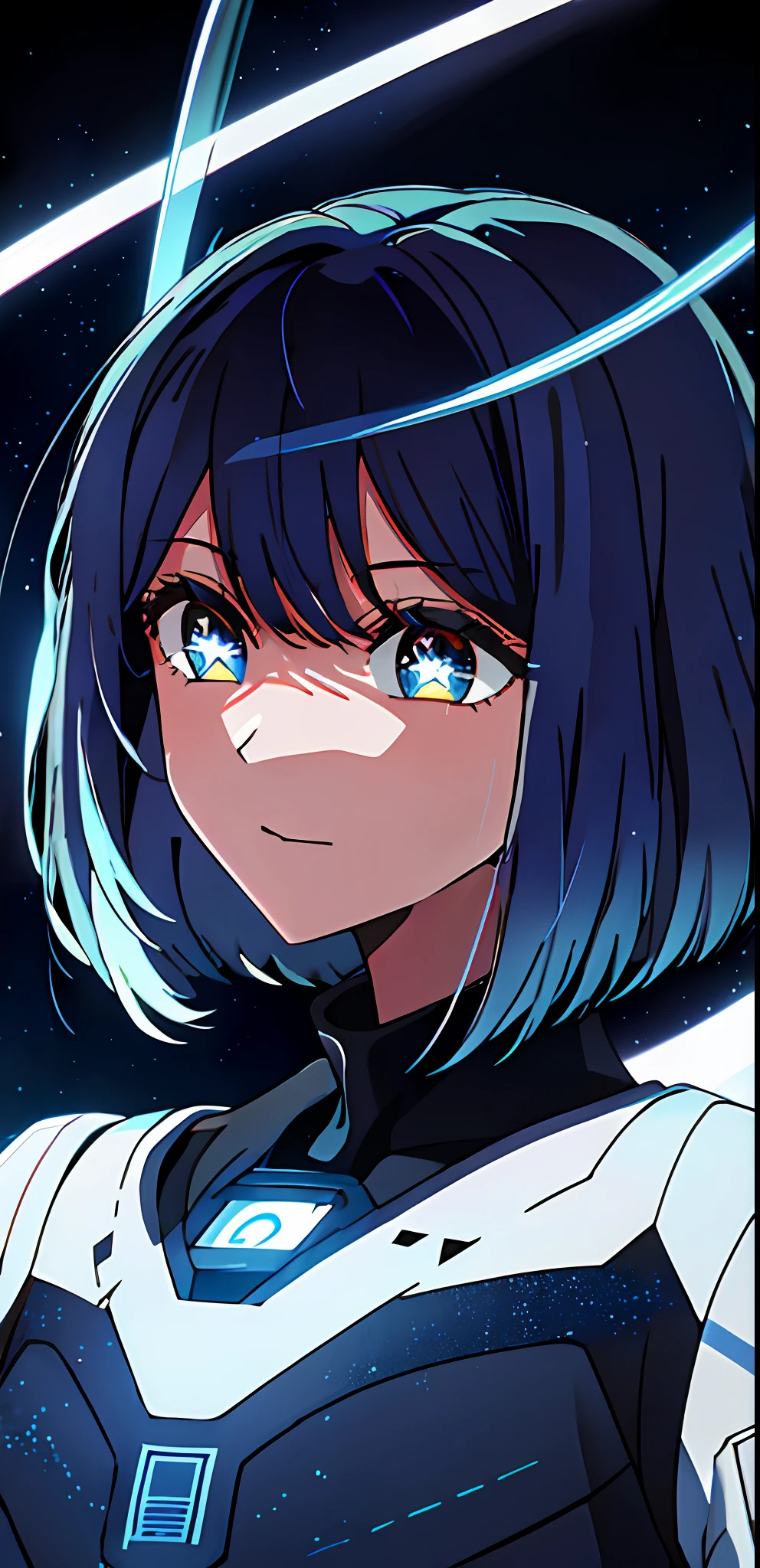 kurokawaakane,1girl, solo,looking at viewer,8k, beautiful lighting,symbol-shaped_pupils, sparkling_eyes, star-shaped_pupils, star_(symbol), wearing spacesuits, galaxies background, stars, planets, blue gloves, halo on head, angel wings, neon, 8k background, star pattern dress