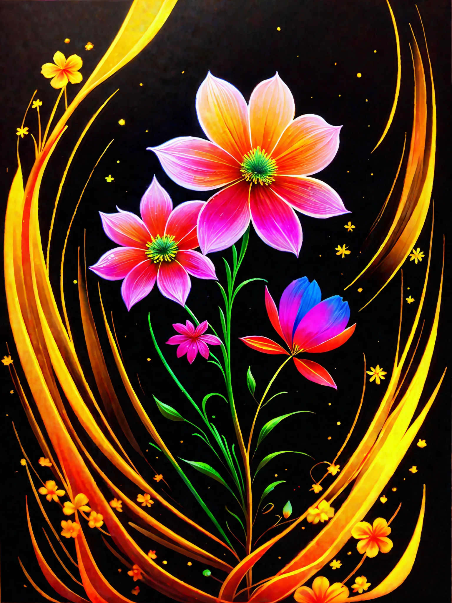 a painting of a colorful flower on a black background,, breathtaking rendering, within a radiant connection, inspired by Kinuko Y. Craft,, magical elements, flower icon, wow, is beautiful, casting a multi colorful spell, bright flash, flash