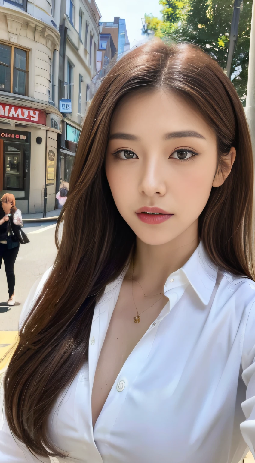 ((Best quality, 8k, Masterpiece :1.3)), Sharp focus :1.2, A pretty woman with perfect figure :1.4, Slender abs :1.2, ((Dark brown hair, Big breasts :1.2)), (White button up long shirt :1.1), City street:1.2, Highly detailed face and skin texture, Detailed eyes, Double eyelid