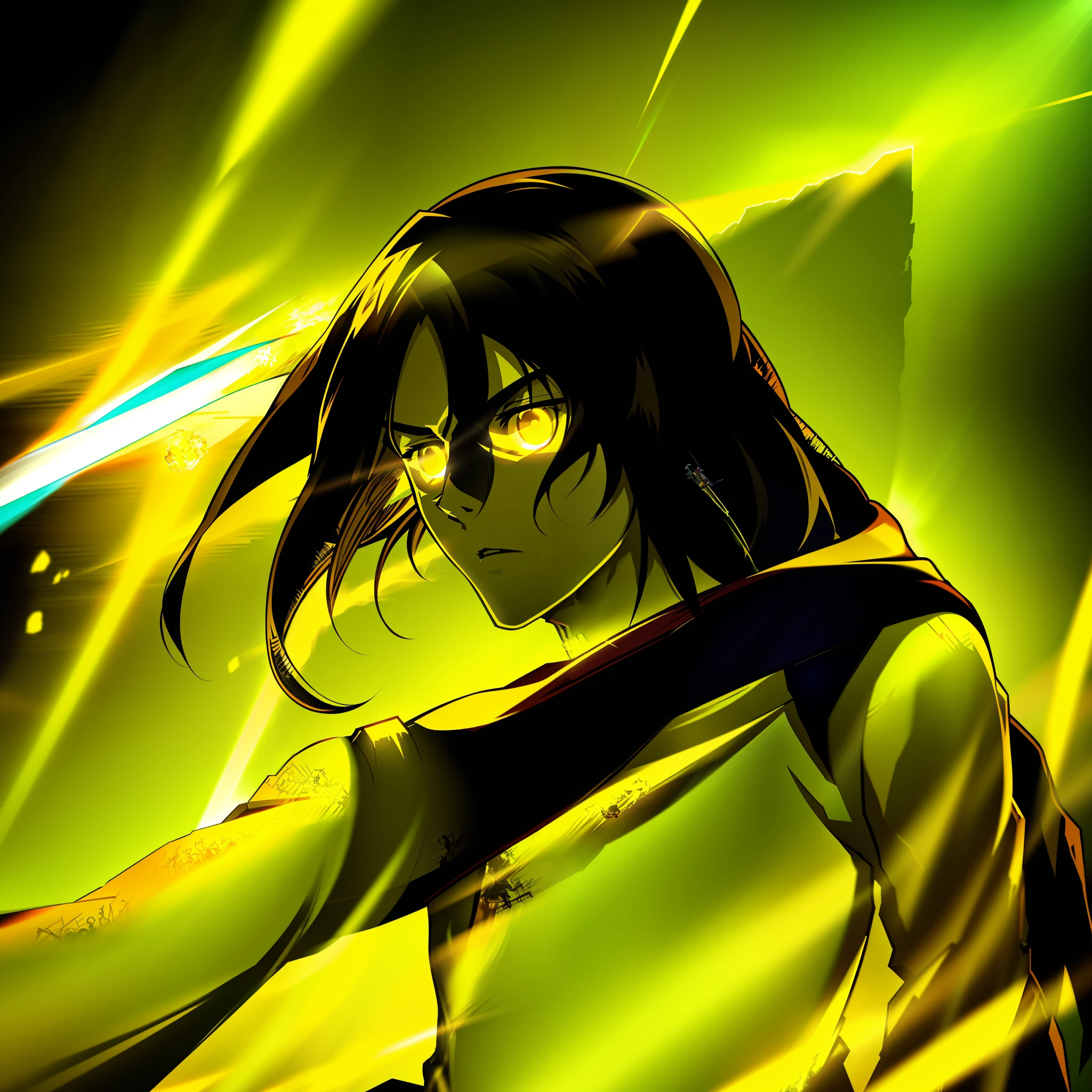 attack by attack on Titan, yellow eyes light rays, spark, long straight Black hair, skull thin, Lack of skin or flesh in some area, Full body, full figure, great strong anatomy, cinematic style, hyper real octane render