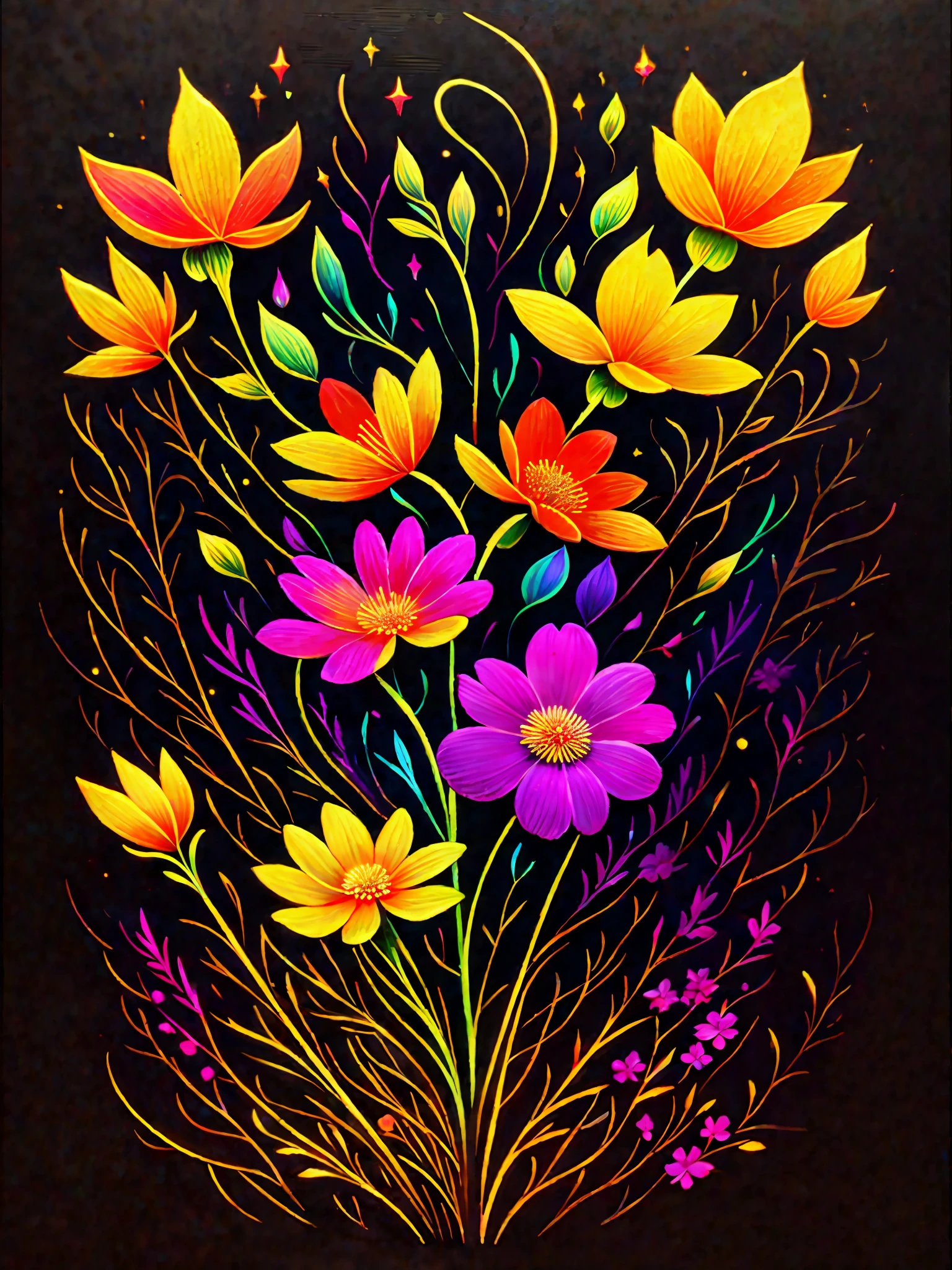 a painting of a colorful flower on a black background,, breathtaking rendering, within a radiant connection, inspired by Kinuko Y. Craft,, magical elements, flower icon, wow, is beautiful, casting a multi colorful spell, bright flash, flash