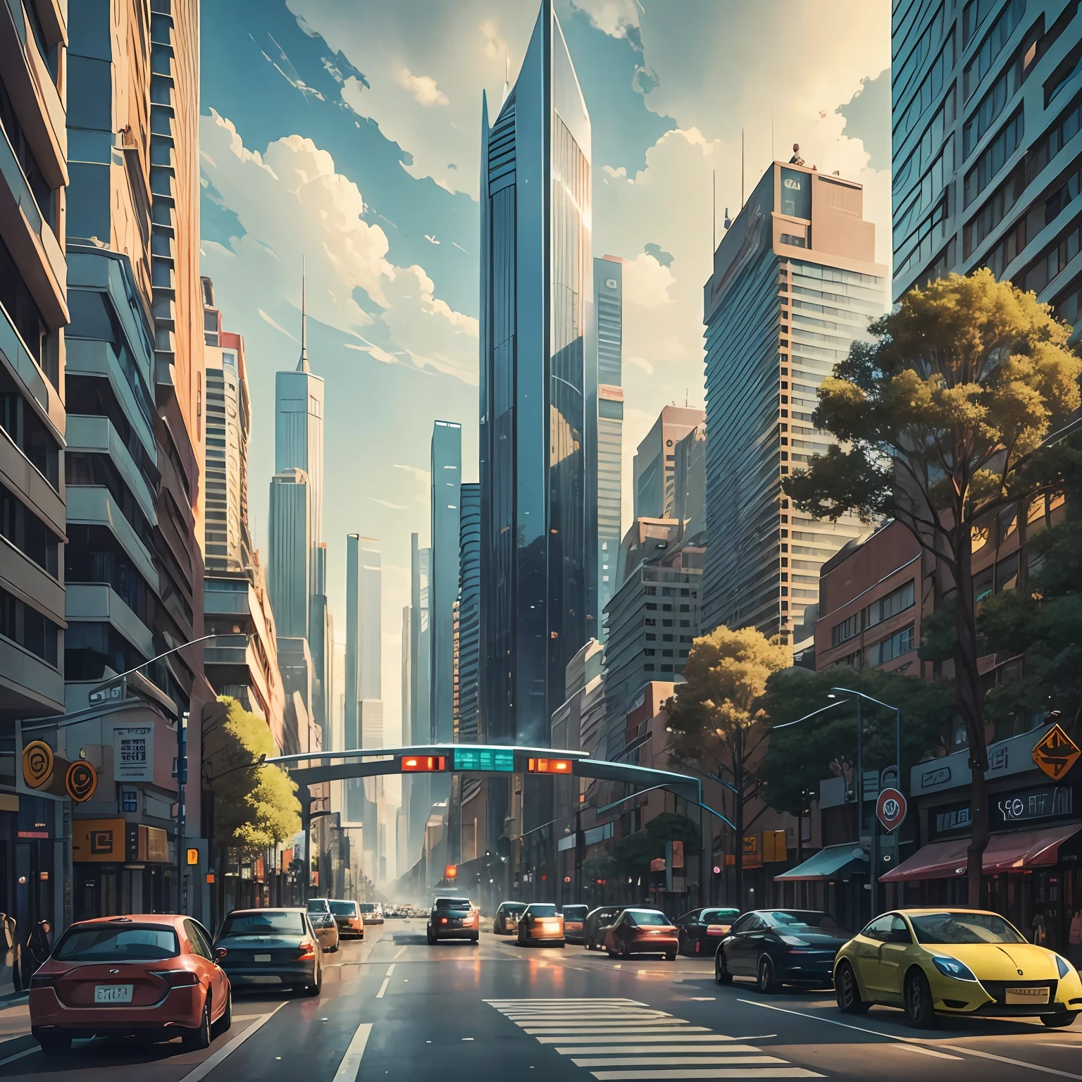 He draws the cover of a book with a semi-futuristic avenue in a city with tall buildings, with circular fans, cars on the streets and people on the sidewalks, with a modern and somewhat polluted environment. --auto --s2