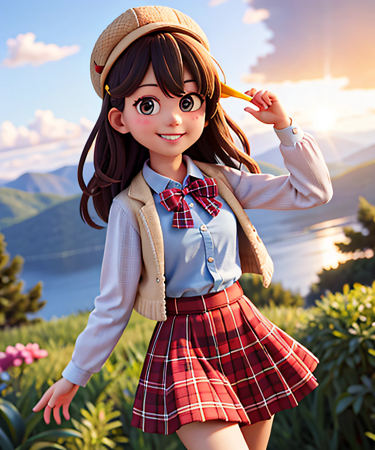 masterpiece, high quality best quality,1girl, bangs, beach, blue_sky, blush, bow, breasts, checkered, checkered_shirt, checkered_skirt, cloud, cloudy_sky, collarbone, day, envelope, giving, grass, hair_bow, heart, holding, holding_letter, horizon, incoming_gift, kazami_yuuka, leaning_forward, lens_flare, letter, light_rays, long_hair, looking_at_viewer, love_letter, mountain, mountainous_horizon, ocean, outdoors, plaid, plaid_background, plaid_bikini, plaid_bow, plaid_bowtie, plaid_bra, plaid_dress, plaid_headwear, plaid_jacket, plaid_legwear, plaid_necktie, plaid_neckwear, plaid_panties, plaid_pants, plaid_ribbon, plaid_scarf, plaid_shirt, plaid_skirt, plaid_vest, pov, shirt, skirt, sky, smile, solo, sun, sunbeam, sunlight, tree, unmoving_pattern