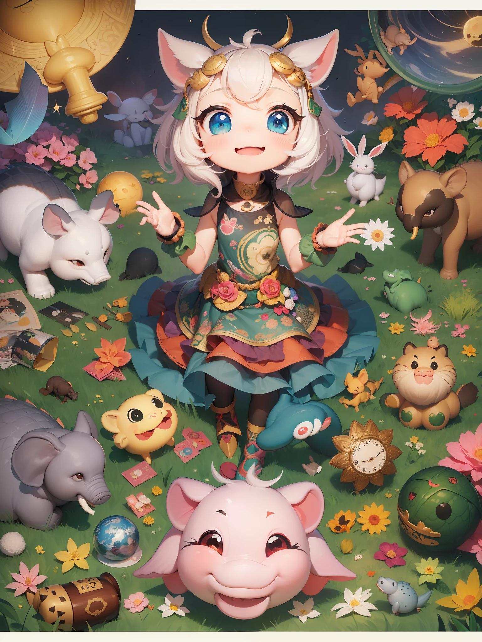 There are many different cute cartoon animals, elephants, crocodiles, rabbits and other animal patterns in this photo, cute, hand drawn illustrations, colorful, Wang Chen, crocodile Loki, art cover, ƒ5.6,🦩🪐🐞👩🏻🦳; 🌞🌄 , code, 🪔 🎨 metaverse
