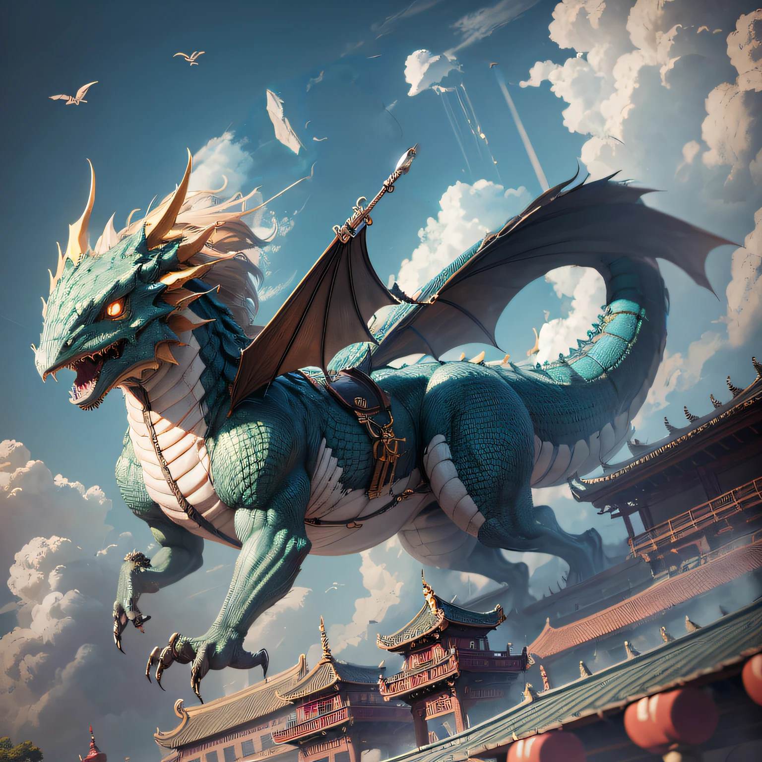 A warrior with rich depictions, wielding a knife with great tension, slashing at the dragon, the overall picture is quite dynamic.
