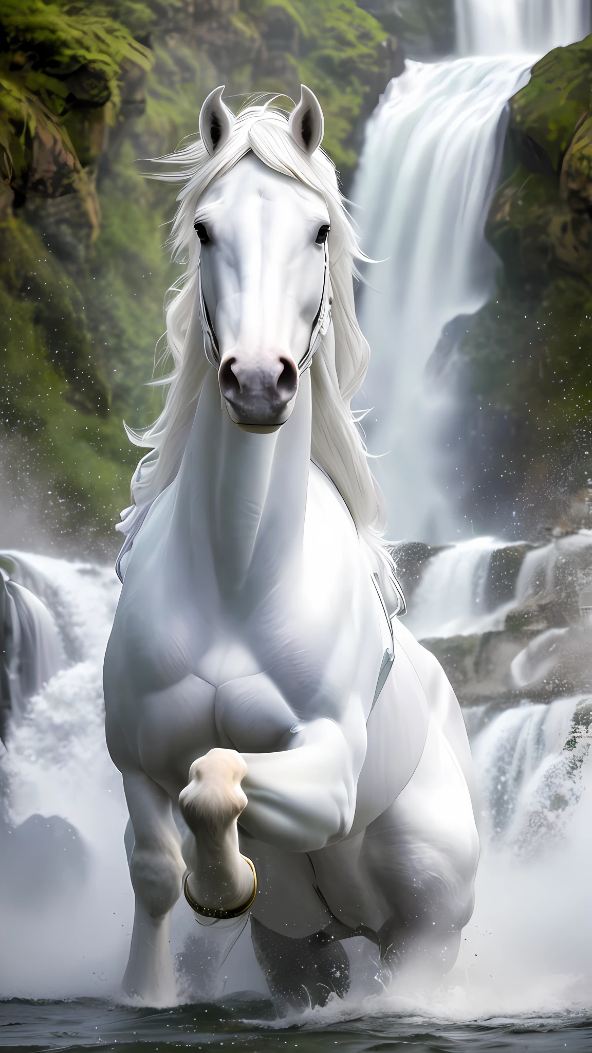 RAW photo, anthropomorphic, a white horse, wearing a white robe, full body, front, portrait, real world, highest quality, DSLR, fixed focus, contour light, cold tone, waterfall background, splash, Tyndall effect, cold light source, large contrast, large depth of field,