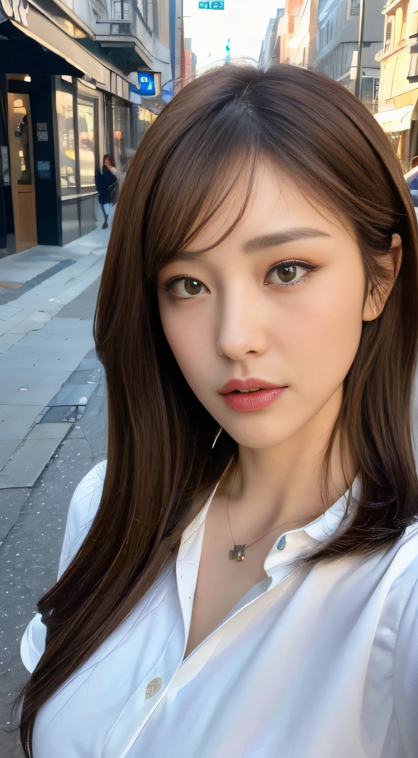 ((Best quality, 8k, Masterpiece :1.3)), Sharp focus :1.2, A pretty woman with perfect figure :1.4, Slender abs :1.2, ((Dark brown hair, Big breasts :1.2)), (White button up long shirt :1.1), City street:1.2, Highly detailed face and skin texture, Detailed eyes, Double eyelid