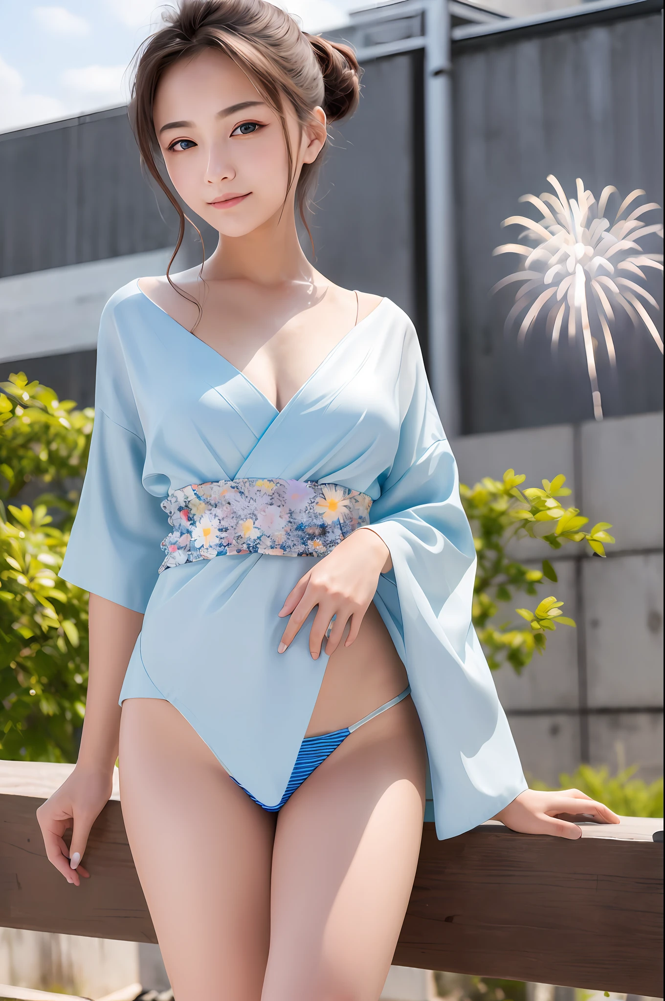 ((masterpiece, top quality, super definition, high definition)), solo, beautiful girl, shining eyes, perfect eyes, , silver theme, yukata, bikini, fireworks, industrial area,