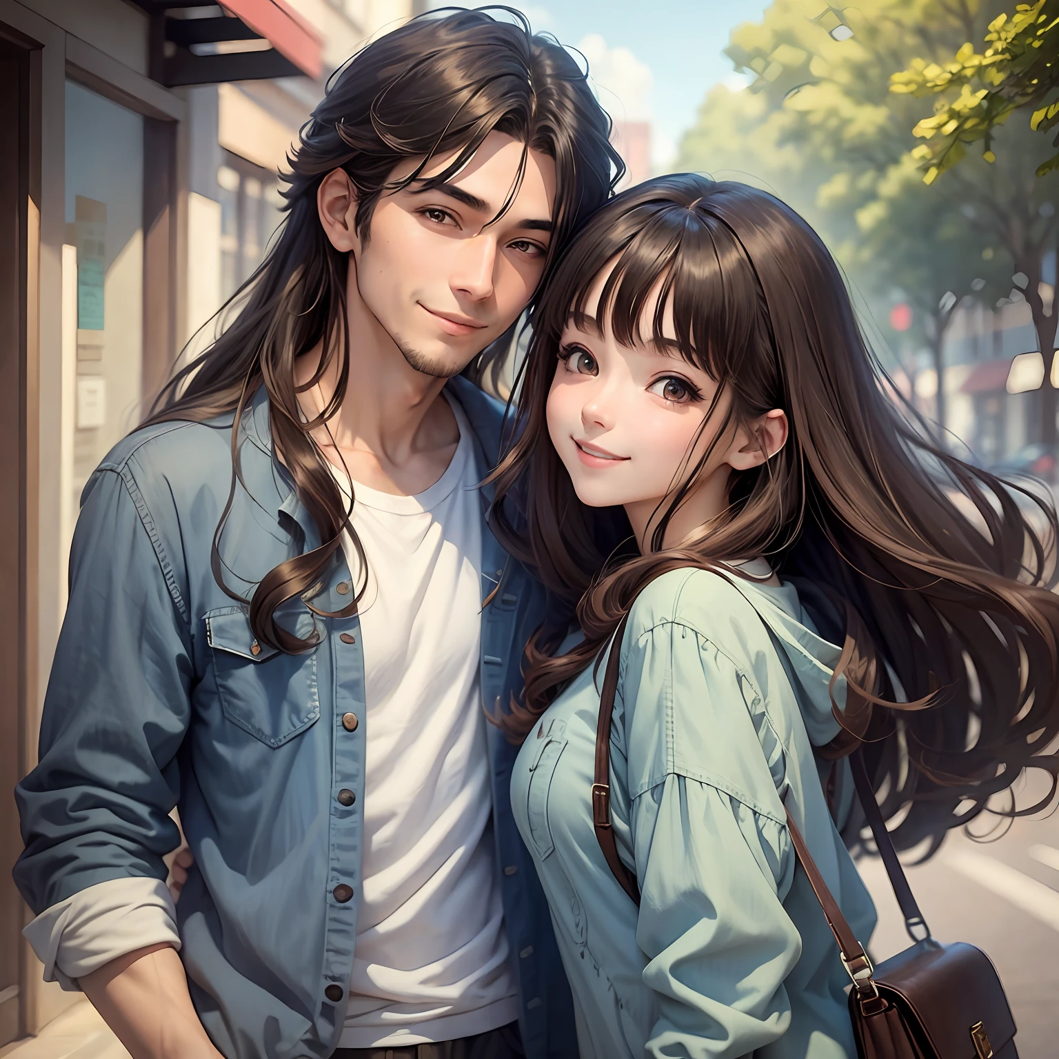 masterpiece, anime, cute, romantic, best quality, 2others, couple, mature, adult, height difference, different fashion, different color, casual clothes, long sleeves, smile, happy, love, swirling wind, blue sky, long haired man, light brown haired man, black haired woman, long haired woman, close up --auto --s2