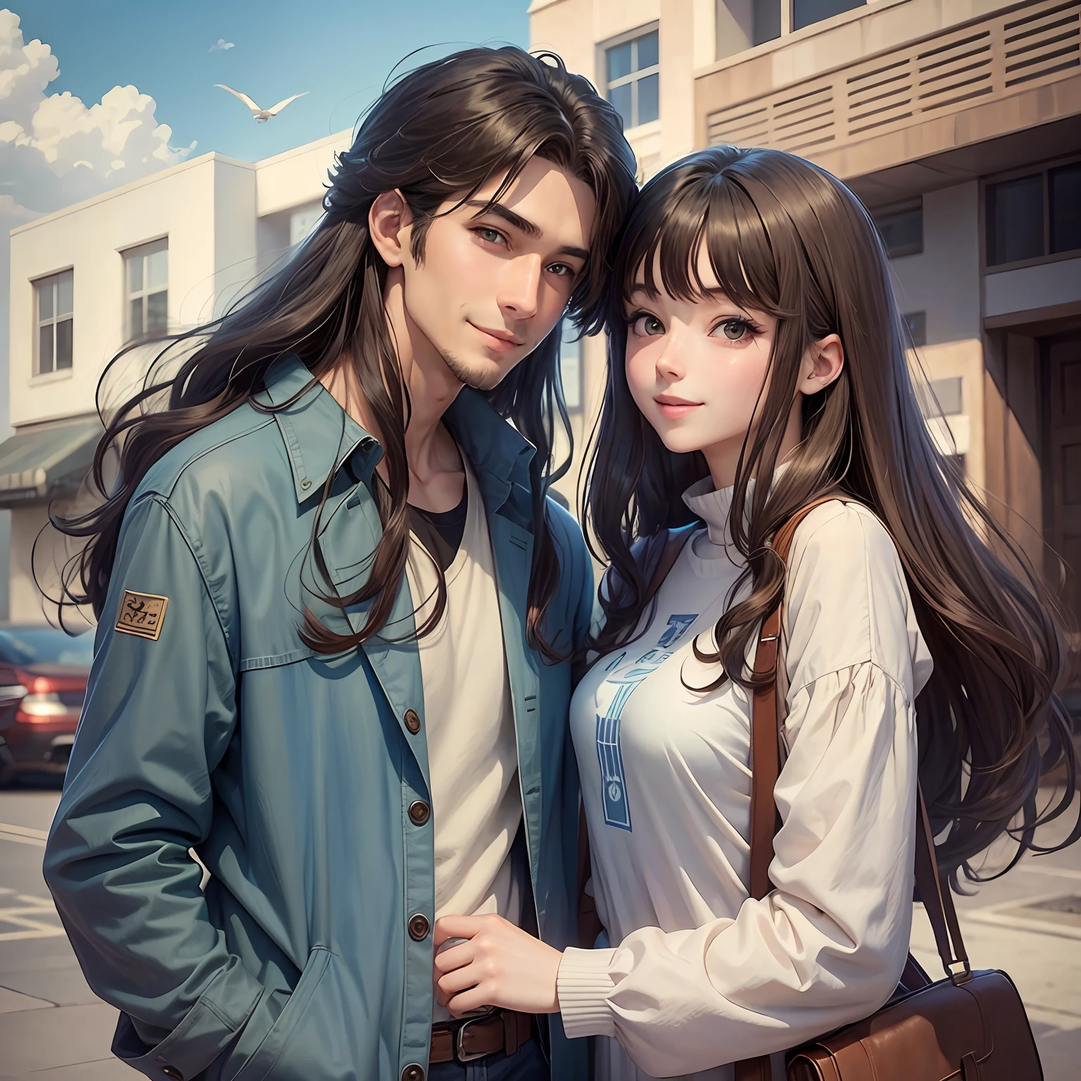 masterpiece, anime, cute, romantic, best quality, 2others, couple, mature, adult, height difference, different fashion, different color, casual clothes, long sleeves, smile, happy, love, swirling wind, blue sky, long haired man, light brown haired man, black haired woman, long haired woman, close up --auto --s2