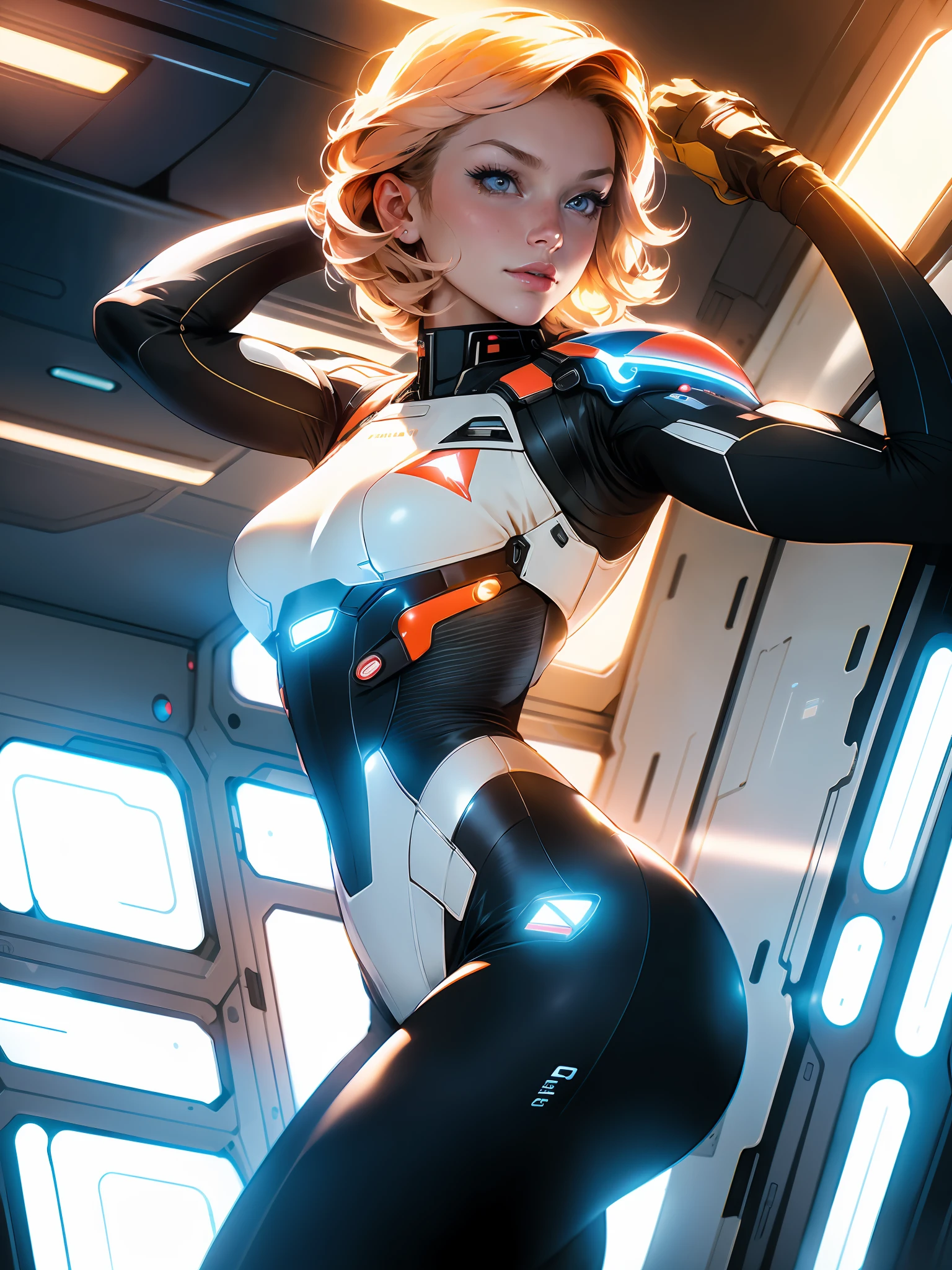 Daisy Jhonson as the captain of a spaceship, looking through a glass window to space, (inspired by mass effect), one piece armor, arms up, armpit, (8k, RAW photo, photorealistic: 1.25), (lots of lip gloss, lots of eyelashes, watery eyes, best quality, ultra high resolution, depth of field, chromatic aberration, caustic, wide light, natural color, picture from distance (1:2)