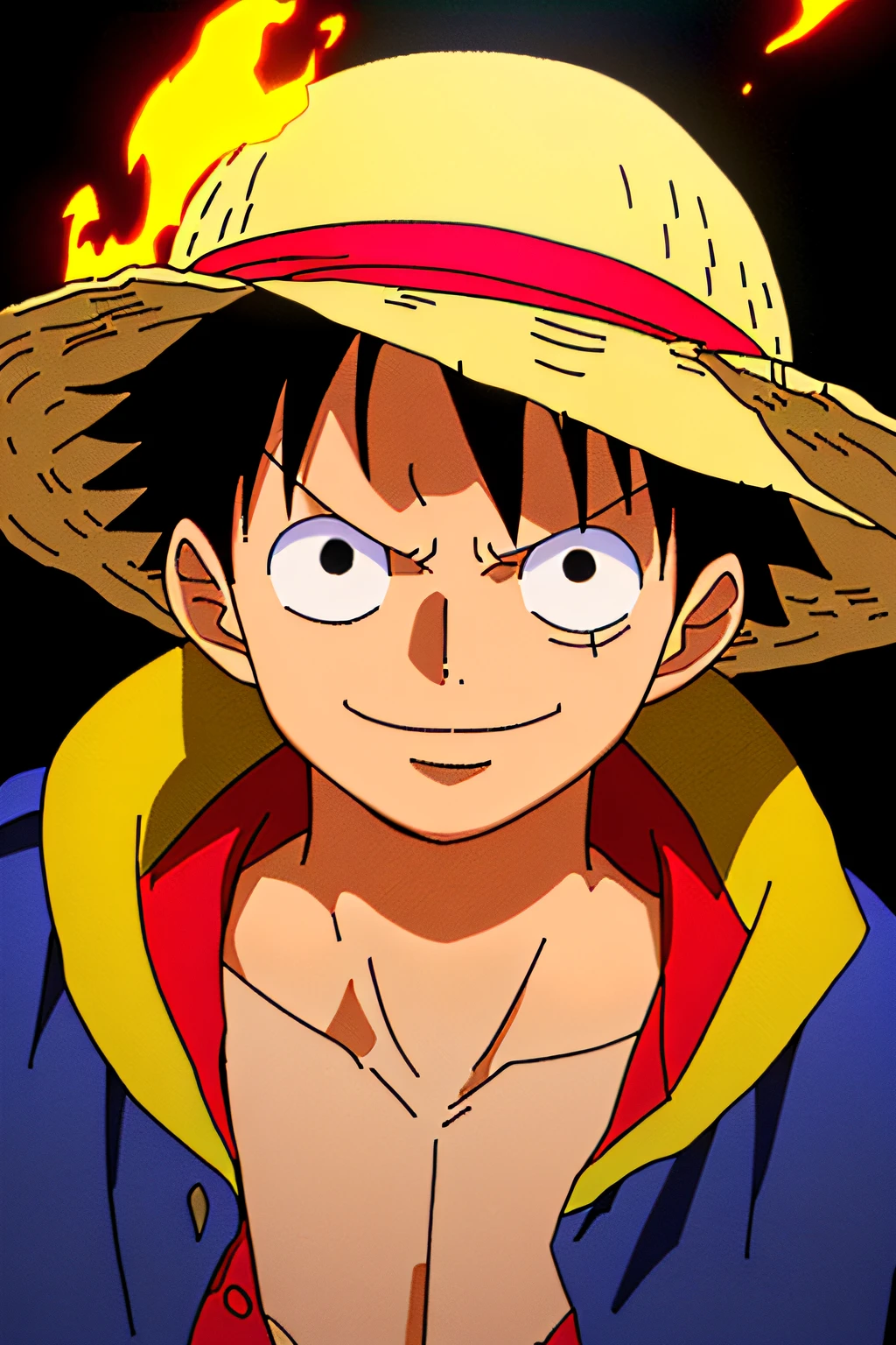 1boy, wanostyle, monkey d luffy, smiling, straw hat, looking at viewer, solo, upper body, ((masterpiece)), (best quality), (extremely detailed), depth of field, sketch, dark intense shadows, sharp focus, soft lighting, hdr, colorful, good composition, fire all around, spectacular, closed shirt, anime screencap, scar under eye, ready to fight, black eyes