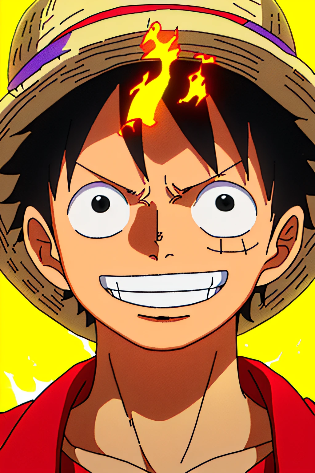 1boy, wanostyle, monkey d luffy, smiling, straw hat, looking at viewer, solo, upper body, ((masterpiece)), (best quality), (extremely detailed), depth of field, sketch, dark intense shadows, sharp focus, soft lighting, hdr, colorful, good composition, fire all around, spectacular, closed shirt, anime screencap, scar under eye, ready to fight, black eyes