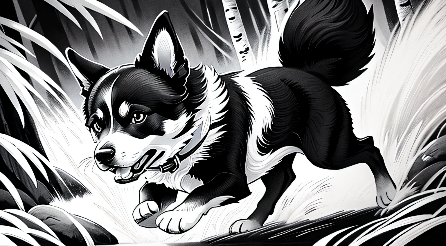 Painting of dog running in forest, close up of dog, detailed dog, high detail, Chinese brush illustration, black and white ink painting,