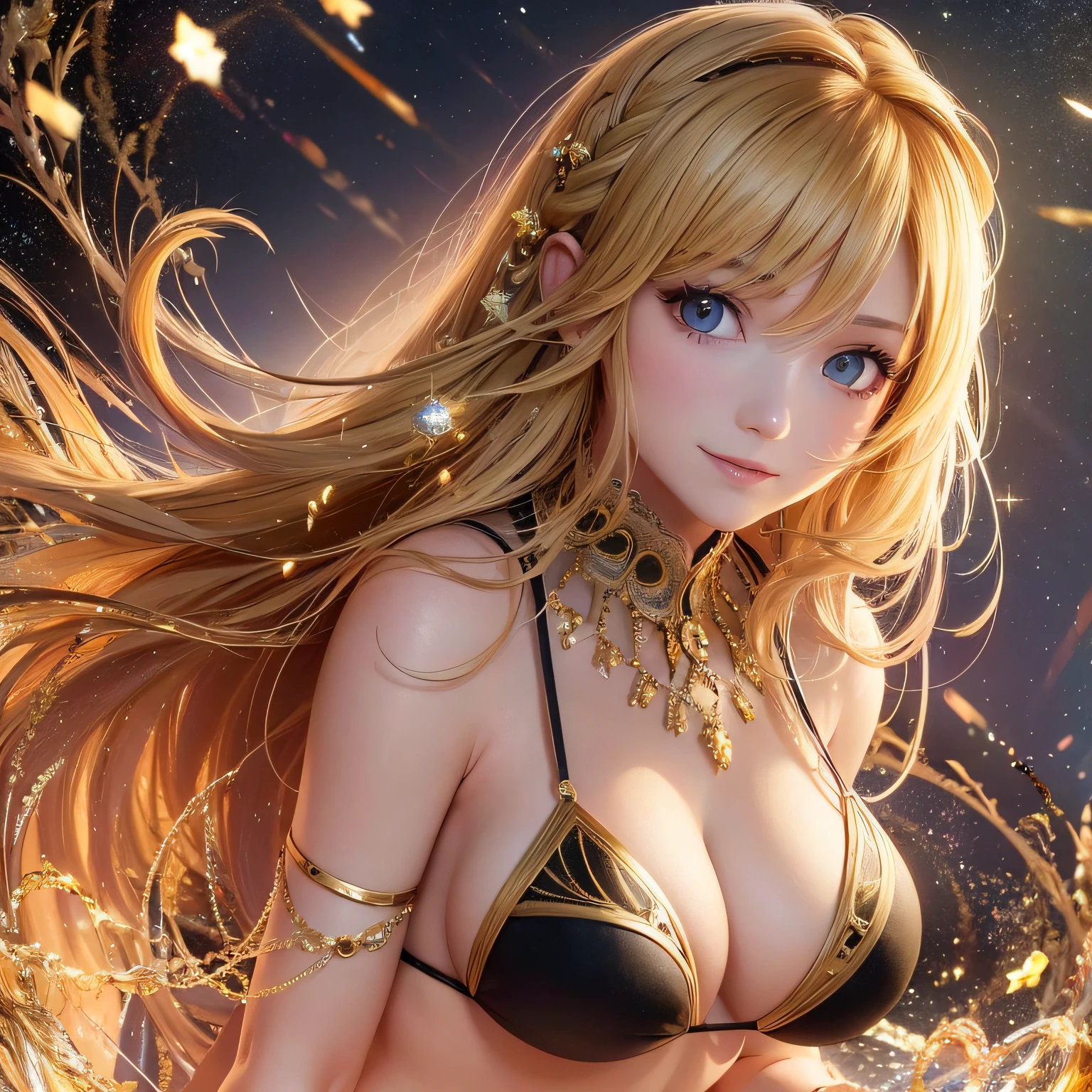 best quality, masterpiece, upper body, (adult:1.6) Hungarian woman, (smile:0.4),braided golden hair, bright eyes, bikini, floating light particles, centered --auto --s2