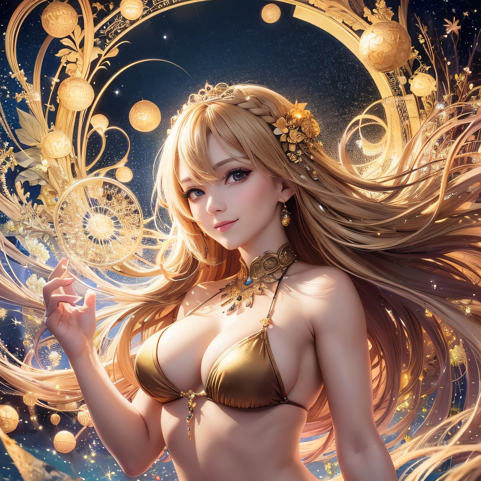 best quality, masterpiece, upper body, (adult:1.6) Hungarian woman, (smile:0.4),braided golden hair, bright eyes, bikini, floating light particles, centered --auto --s2