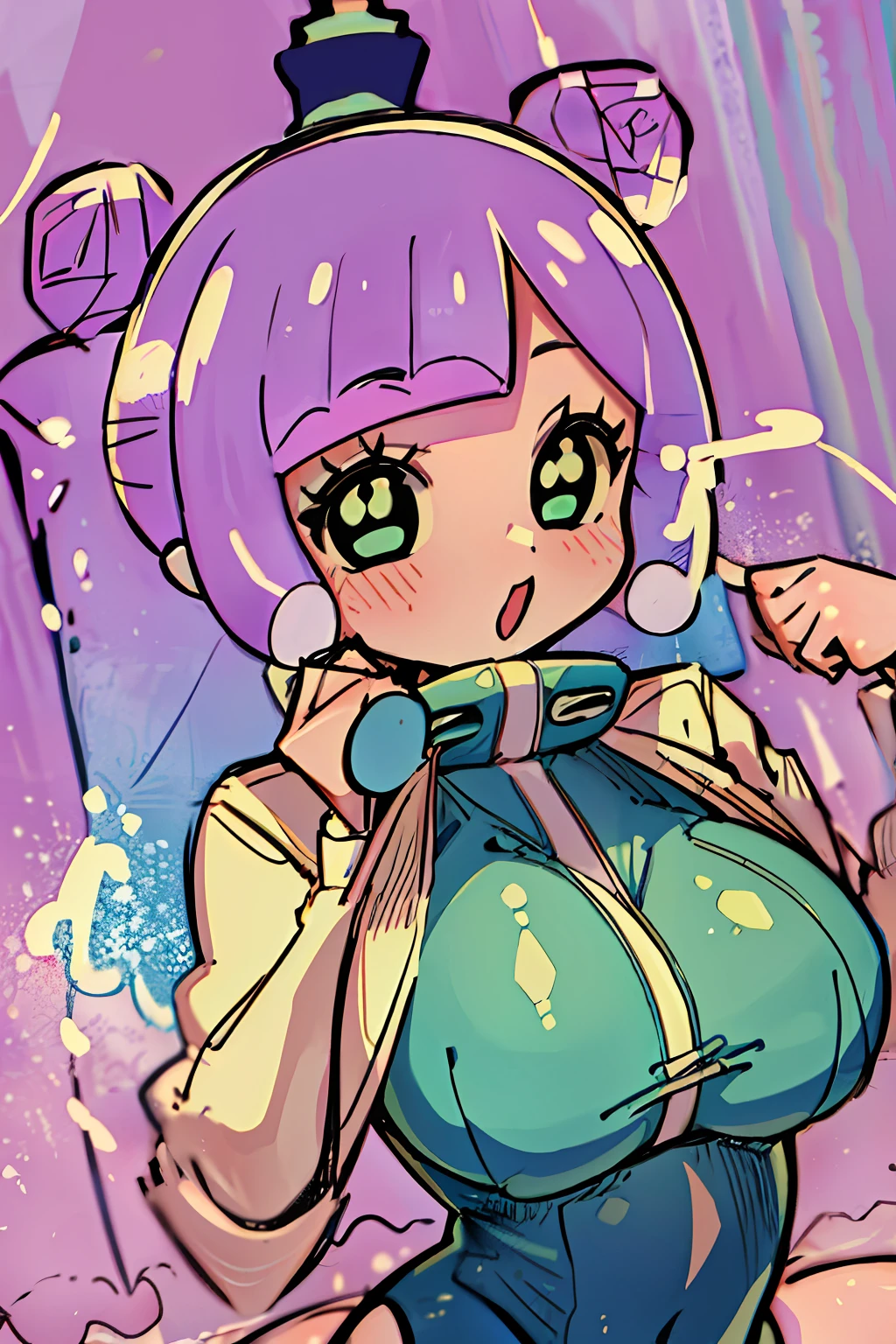 masterpiece, best_quality, 1girl, solo, puniru \(puniru wa kawaii slime\), puniru wa kawaii slime, gradient hair, bangs, green eyes, double bun, mini hat, half body down melting, big boobs,Highneck swimsuit,