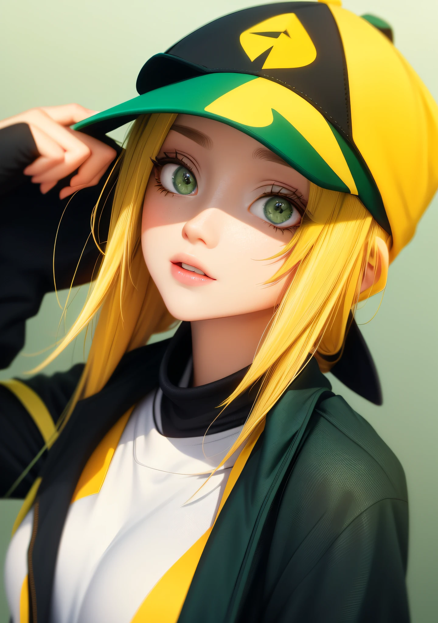 best quality, masterpiece, green eyes, yellow hair, upper body,blue cap