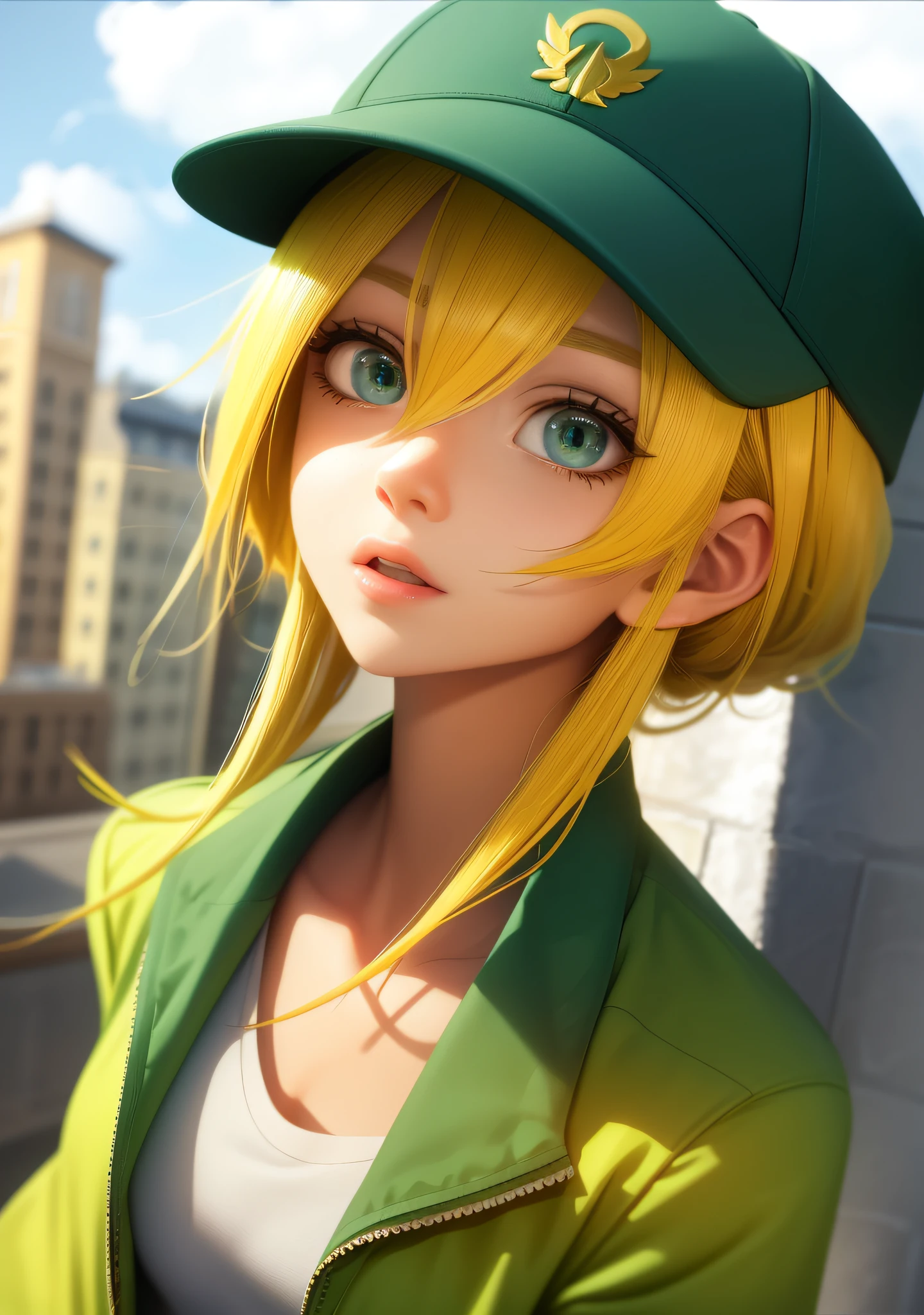 best quality, masterpiece, green eyes, yellow hair, upper body,blue cap