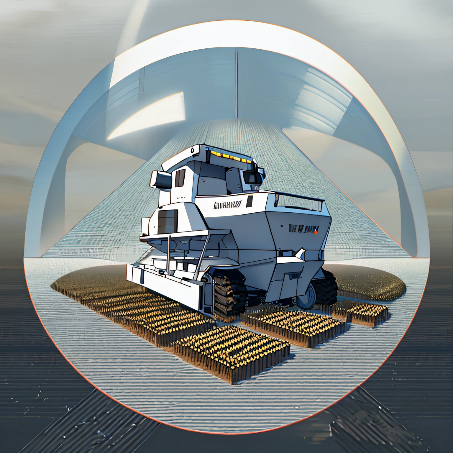 add a satellite hovering overhead,gps reprogramming, (satellite), agriculture grain harvesting machine walking over a big grain field, simple logo, minimalism, transparency, white background, round emblem with minimalist design, weights,digital vector graphic style, logo design work, accurate design, palette with great detail precision, vector image, professional photography, isometric,