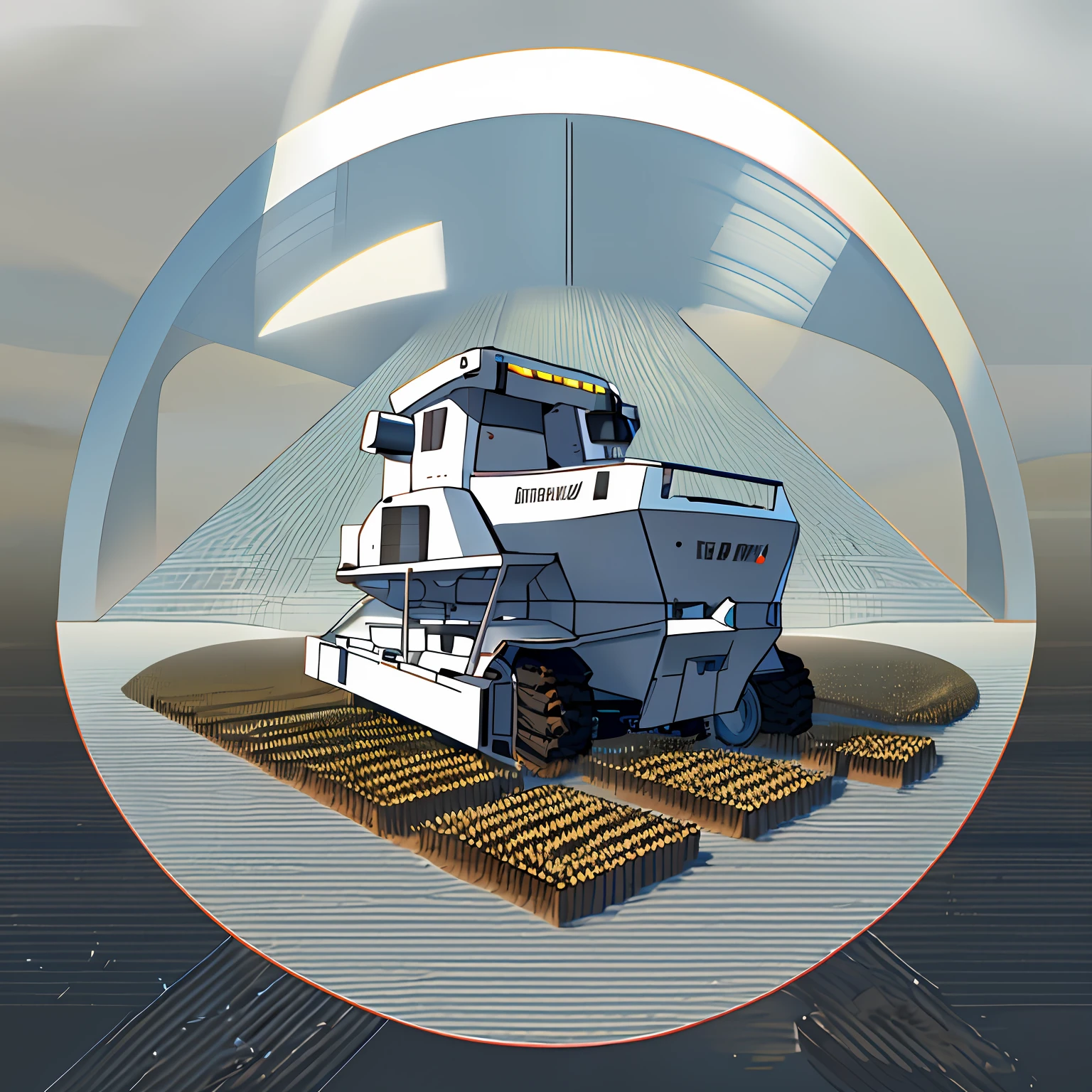 add a satellite hovering overhead,gps reprogramming, (satellite), agriculture grain harvesting machine walking over a big grain field, simple logo, minimalism, transparency, white background, round emblem with minimalist design, weights,digital vector graphic style, logo design work, accurate design, palette with great detail precision, vector image, professional photography, isometric,