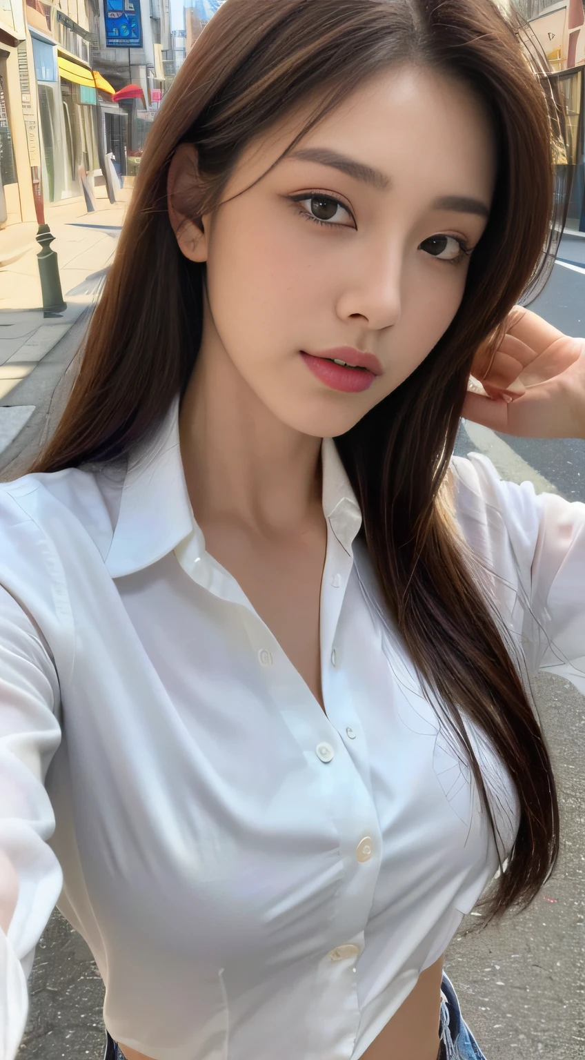 ((Best quality, 8k, Masterpiece :1.3)), Sharp focus :1.2, A pretty woman with perfect figure :1.4, Slender abs :1.2, ((Dark brown hair, Big breasts :1.2)), (White button up long shirt :1.1), City street:1.2, Highly detailed face and skin texture, Detailed eyes, Double eyelid