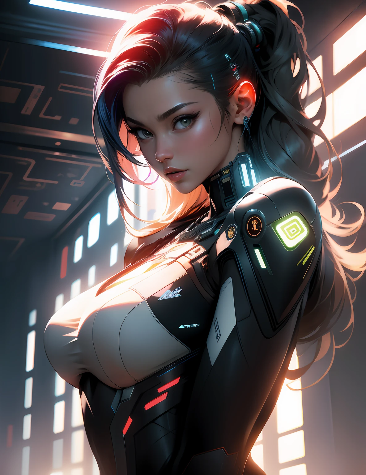 ((Best quality)), ((masterpiece)), (detailed:1.4), 3D, an image of a beautiful cyberpunk female,HDR (High Dynamic Range),Ray Tracing,NVIDIA RTX,Super-Resolution,Unreal 5,Subsurface scattering,PBR Texturing,Post-processing,Anisotropic Filtering,Depth-of-field,Maximum clarity and sharpness,Multi-layered textures,Albedo and Specular maps,Surface shading,Accurate simulation of light-material interaction,Perfect proportions,Octane Render,Two-tone lighting,Wide aperture,Low ISO,White balance,Rule of thirds,8K RAW,