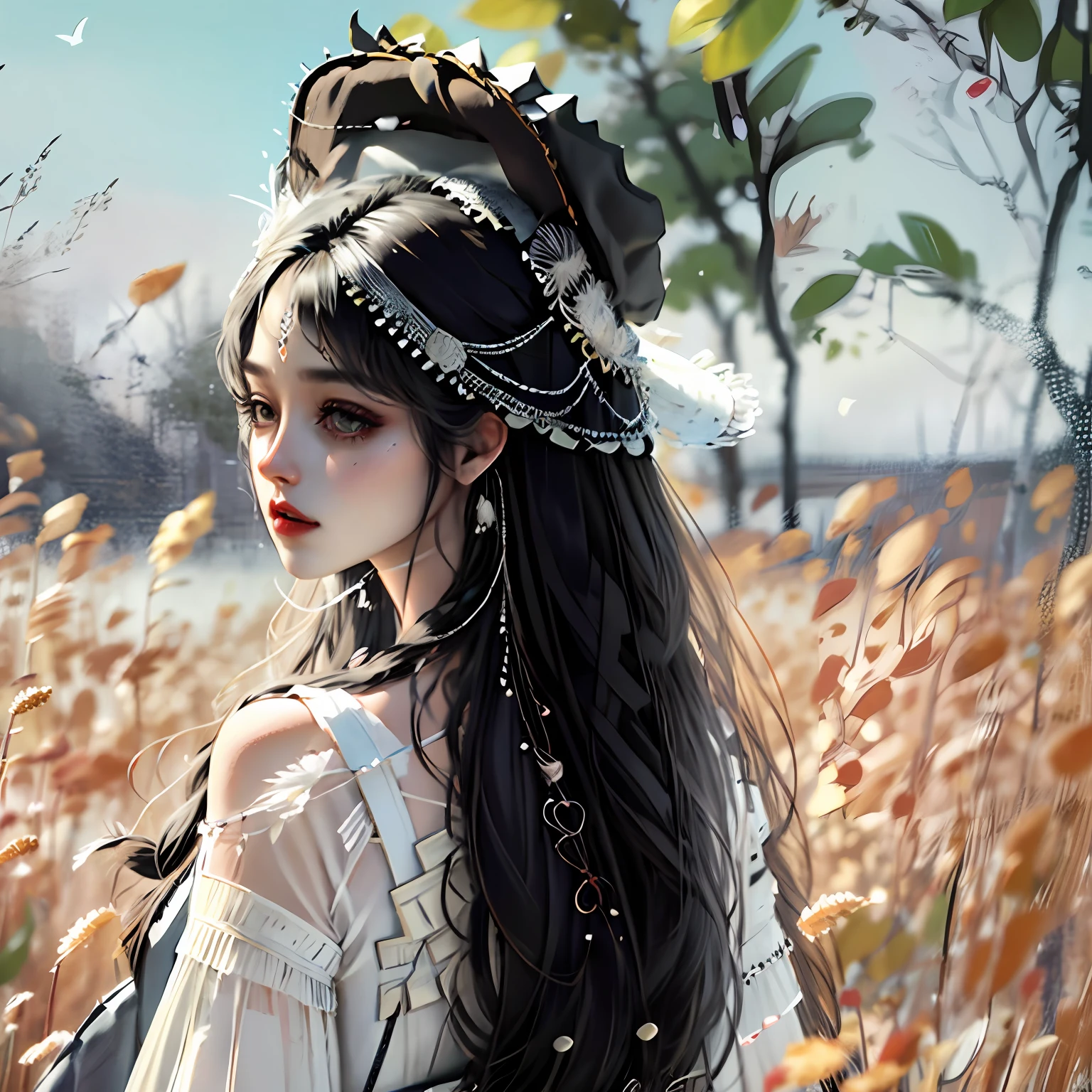 Prairie, white suspenders, black jeans, long black hair, HD 4k, back hair ruffling, rich headdress, rich clothing decoration --auto --s2