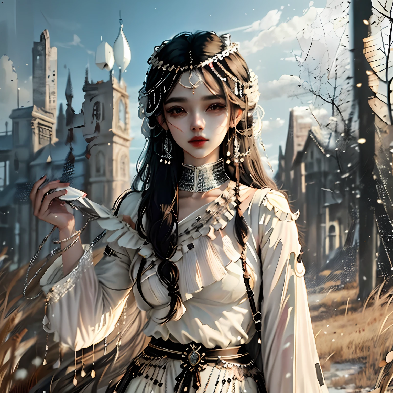 Prairie, white suspenders, black jeans, long black hair, HD 4k, back hair ruffling, rich headdress, rich clothing decoration --auto --s2