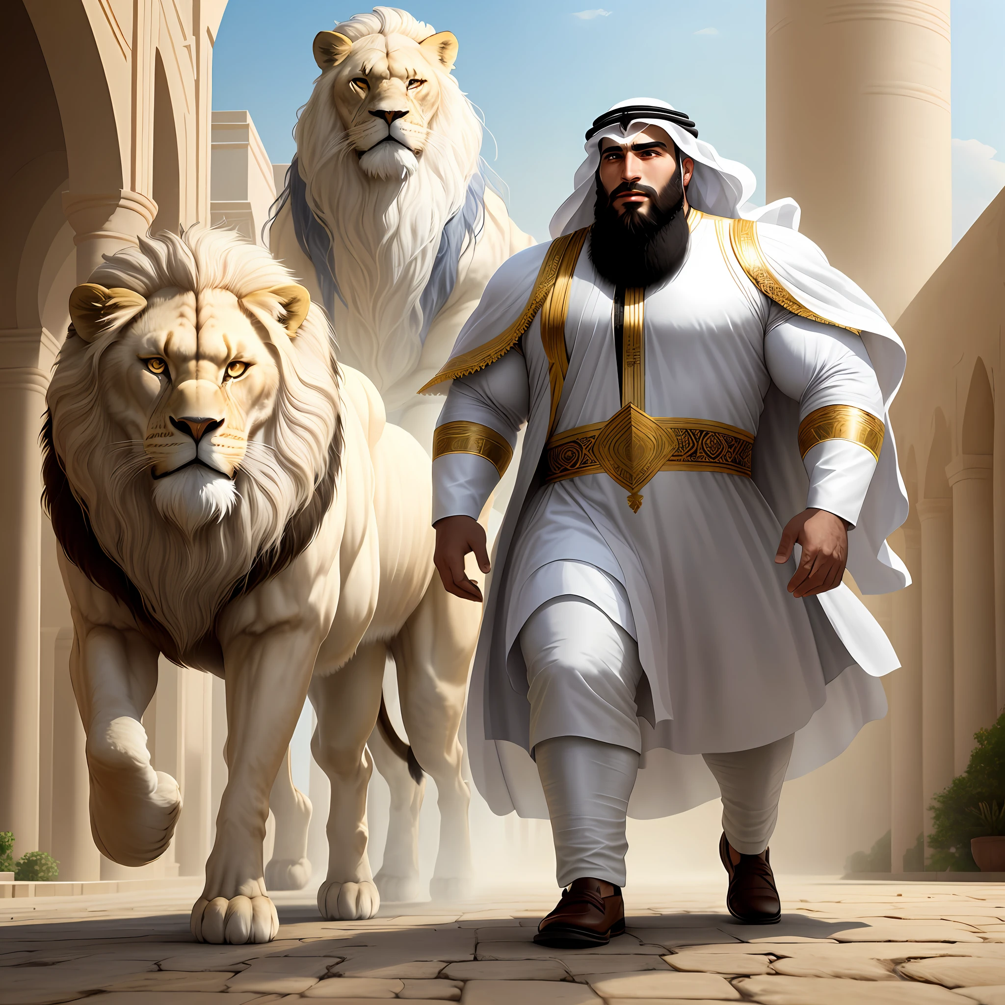 An Arab man with a thick beard wearing a full white clothes walking the lion is on the right and left