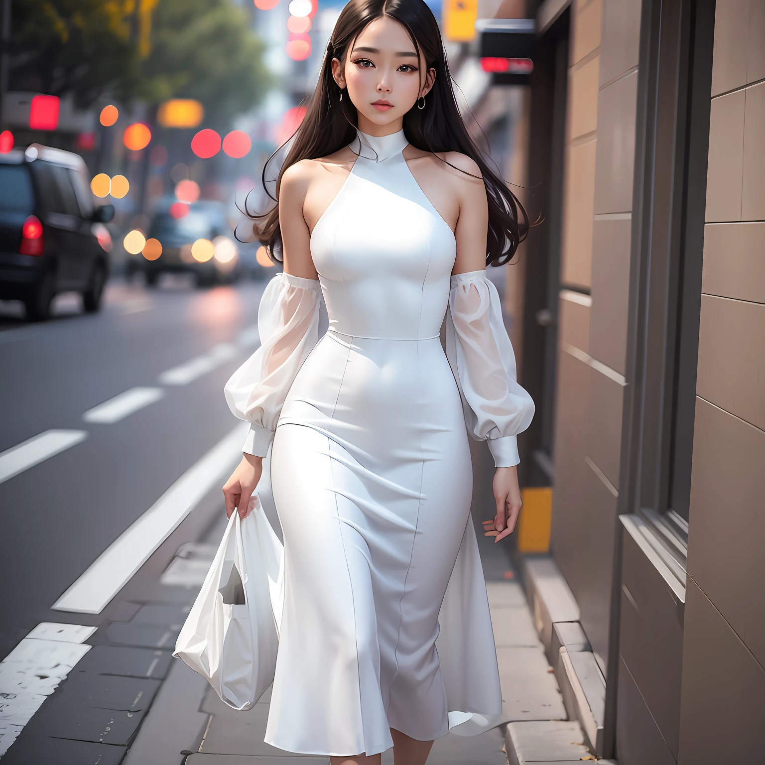araffe woman in white dress walking down a street at night, wearing white dress, white dress, wearing an elegant dress, photo of slim girl model, gorgeous young korean woman, smooth white tight clothes suit, korean women's fashion model, wearing a white dress, woman in dress, tight dress, wearing a cute white dress, long white dress, wearing along white dress --auto --s2
